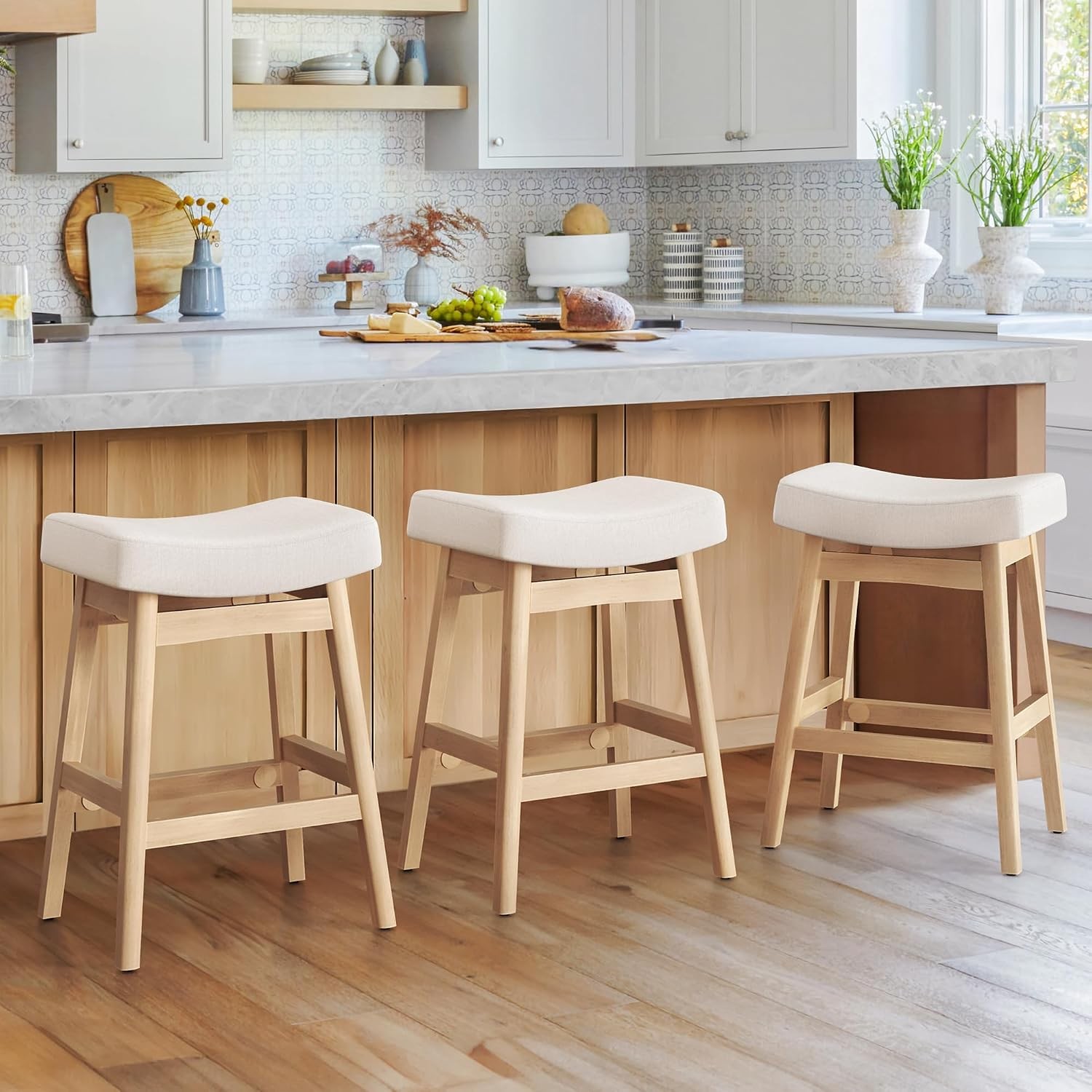 Bar Stools Set of 3 Barstools W/ Sturdy Wood Legs Saddle Seat Counter Height Bar