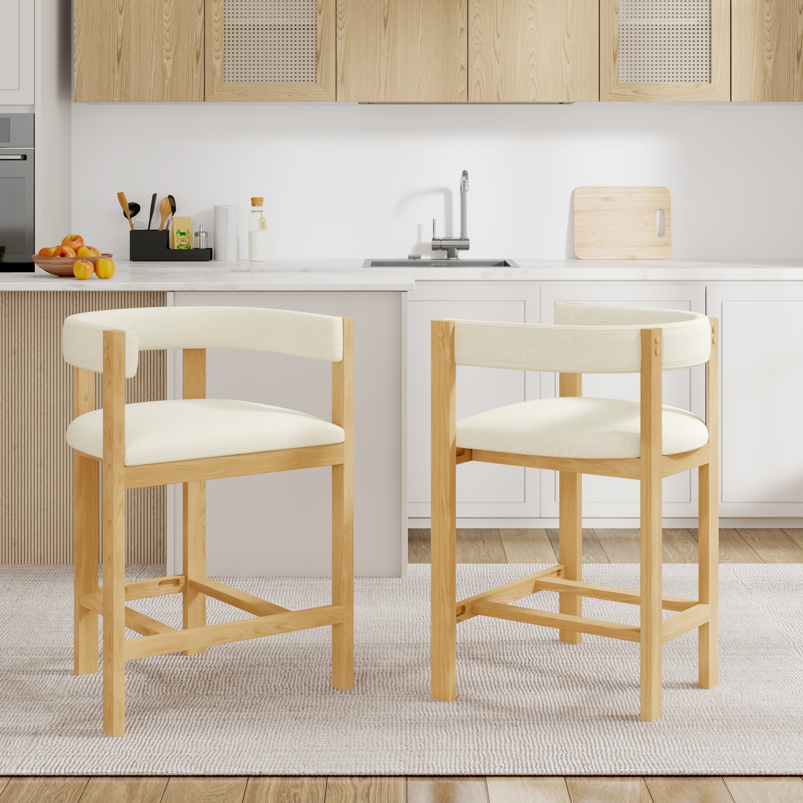 Set of 2 Rubberwood Counter Stools with Upholstered Seat, 24.25″