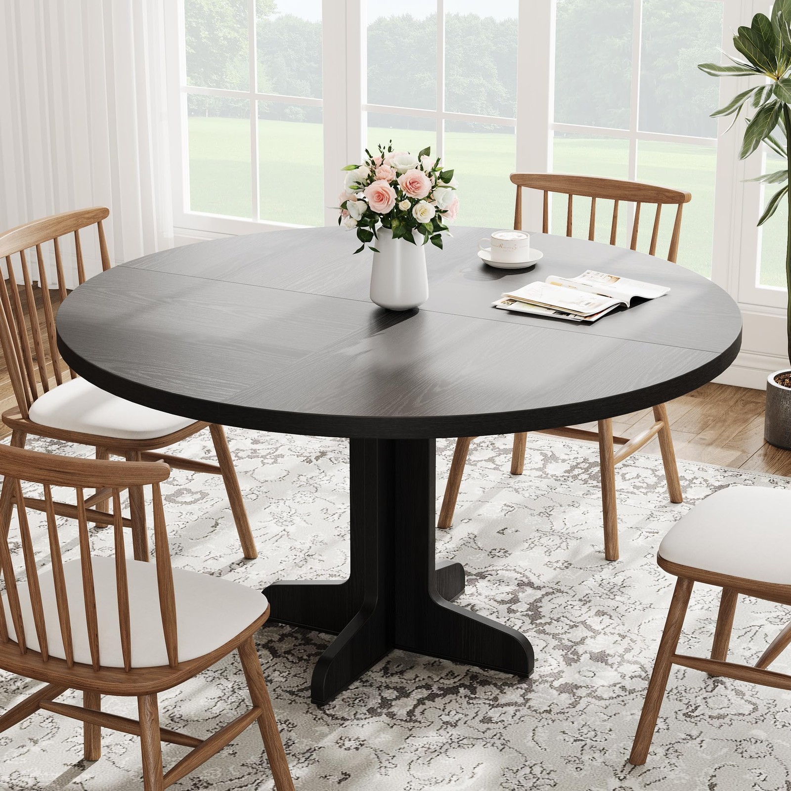 47 in Round Dining Table for 4-6 , Farmhouse Kitchen Table ,Dinner Table ,Black