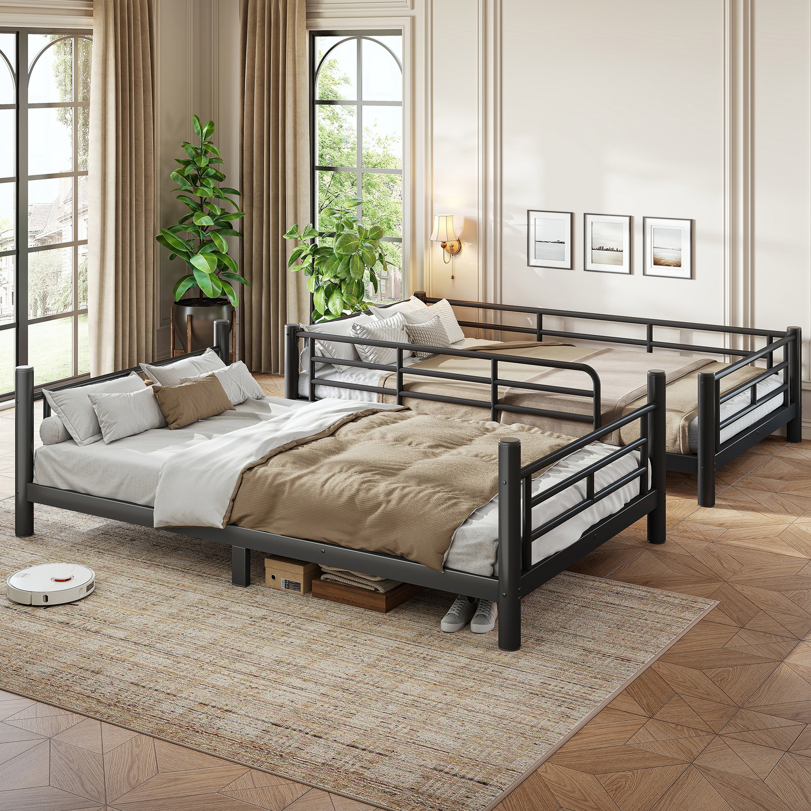 Twin XL over Twin XL Metal Bunk Bed, Space-Saving 2-in-1 Convertible Bed, Black