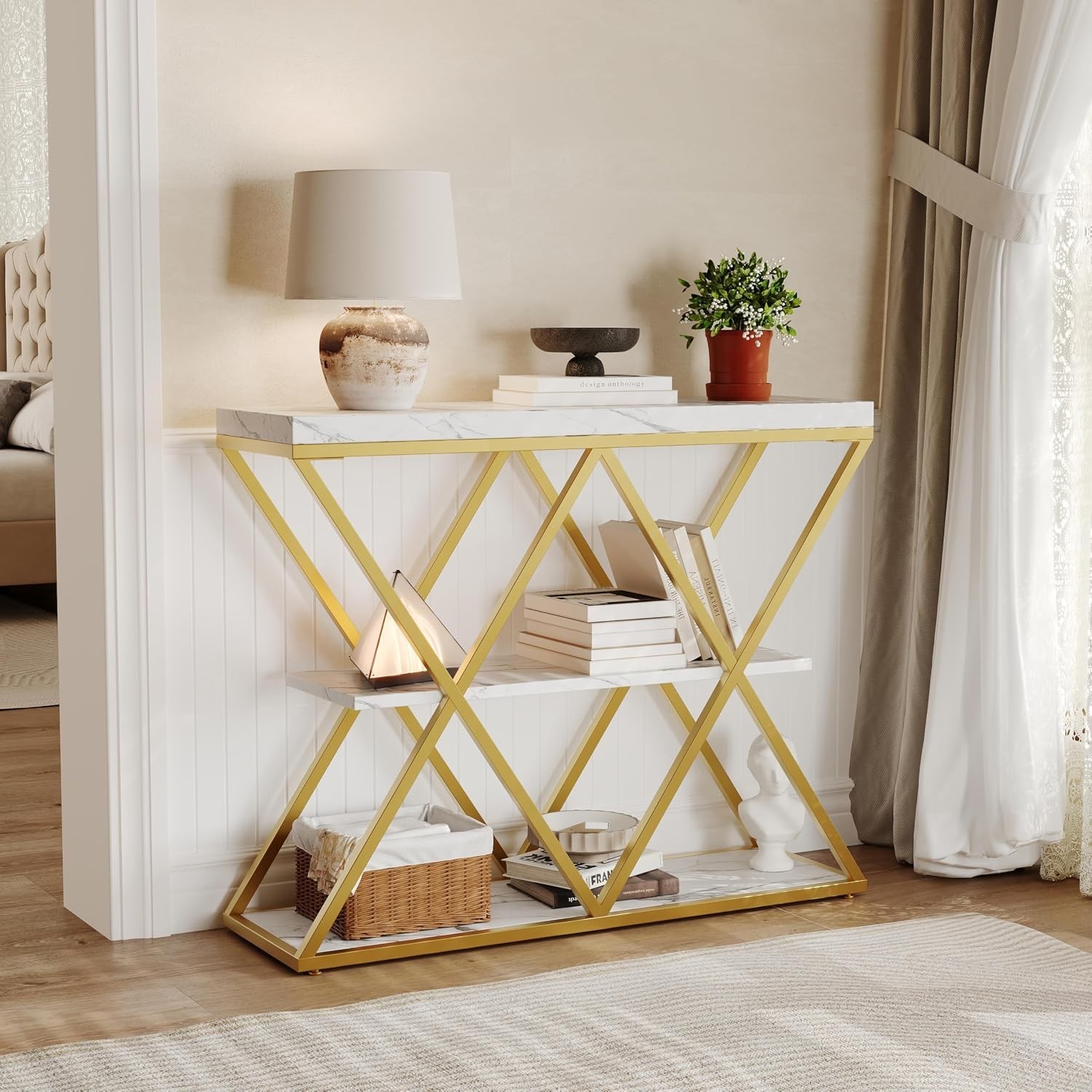 3-Tier Entryway Table with x-Shaped Metal Frame Open Shelf Console Sofa Table