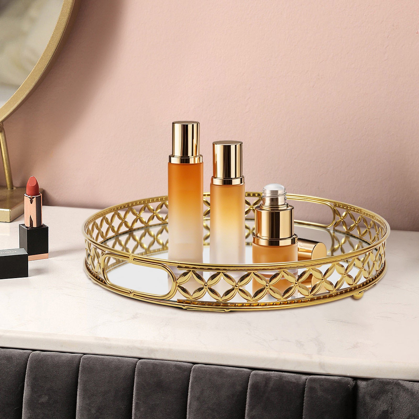 Gold Round Mirrored Vanity Tray With Handles, 12.6 In