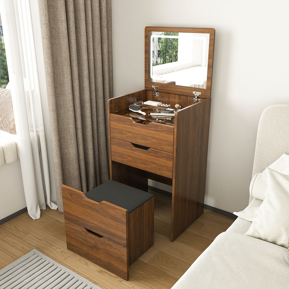 3-in-1 Vanity Desk with Lighted Mirror and Stool Flip Top Makeup Dressing Table