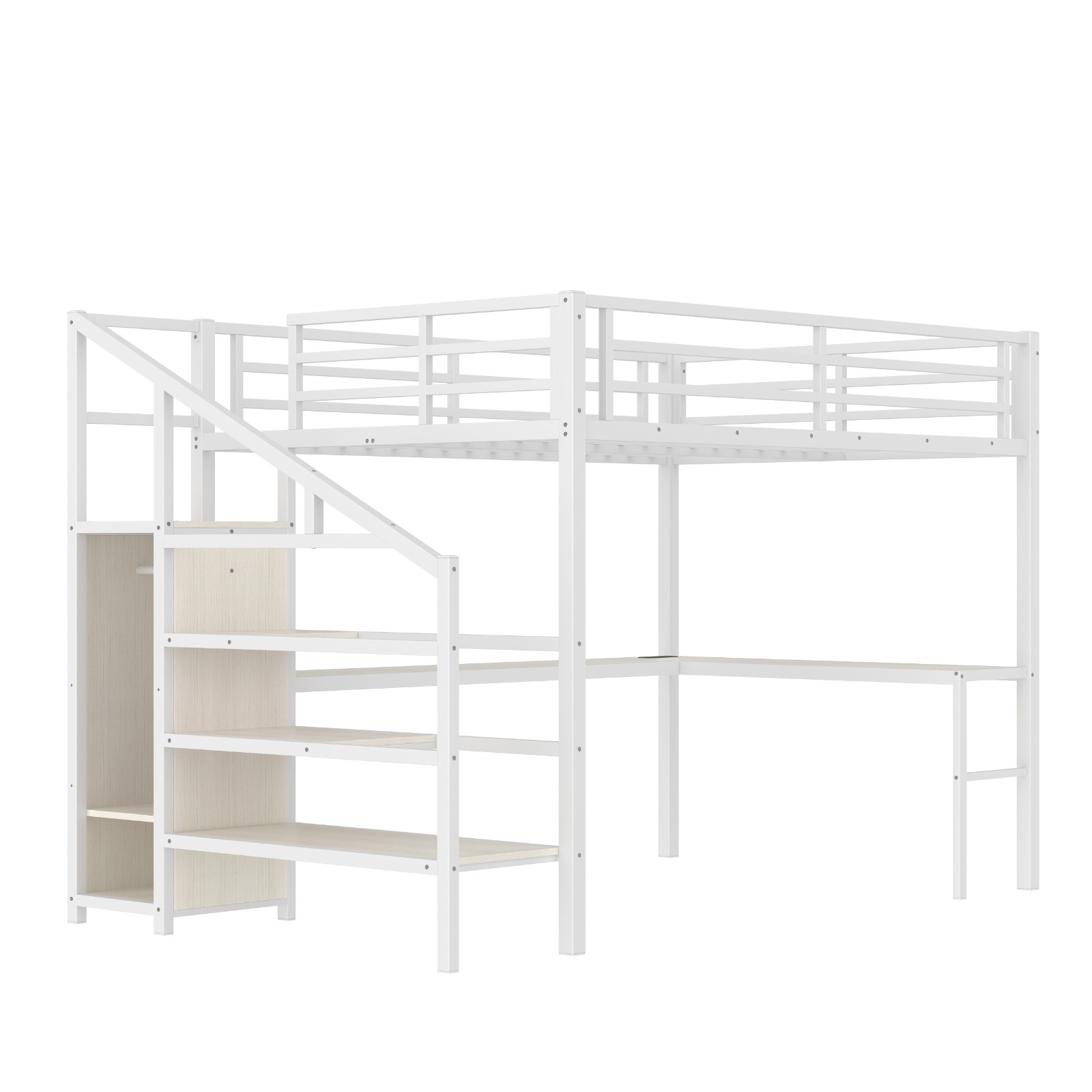 Queen Size Loft Bed with L-shaped Desk,Wardrobe and Adjustable Shelf for Kids