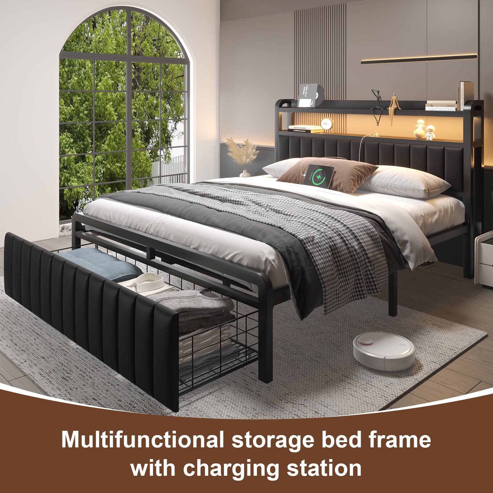 Full Queen Metal Bed Frame with Storage Drawers & Upholstered Storage Headboard