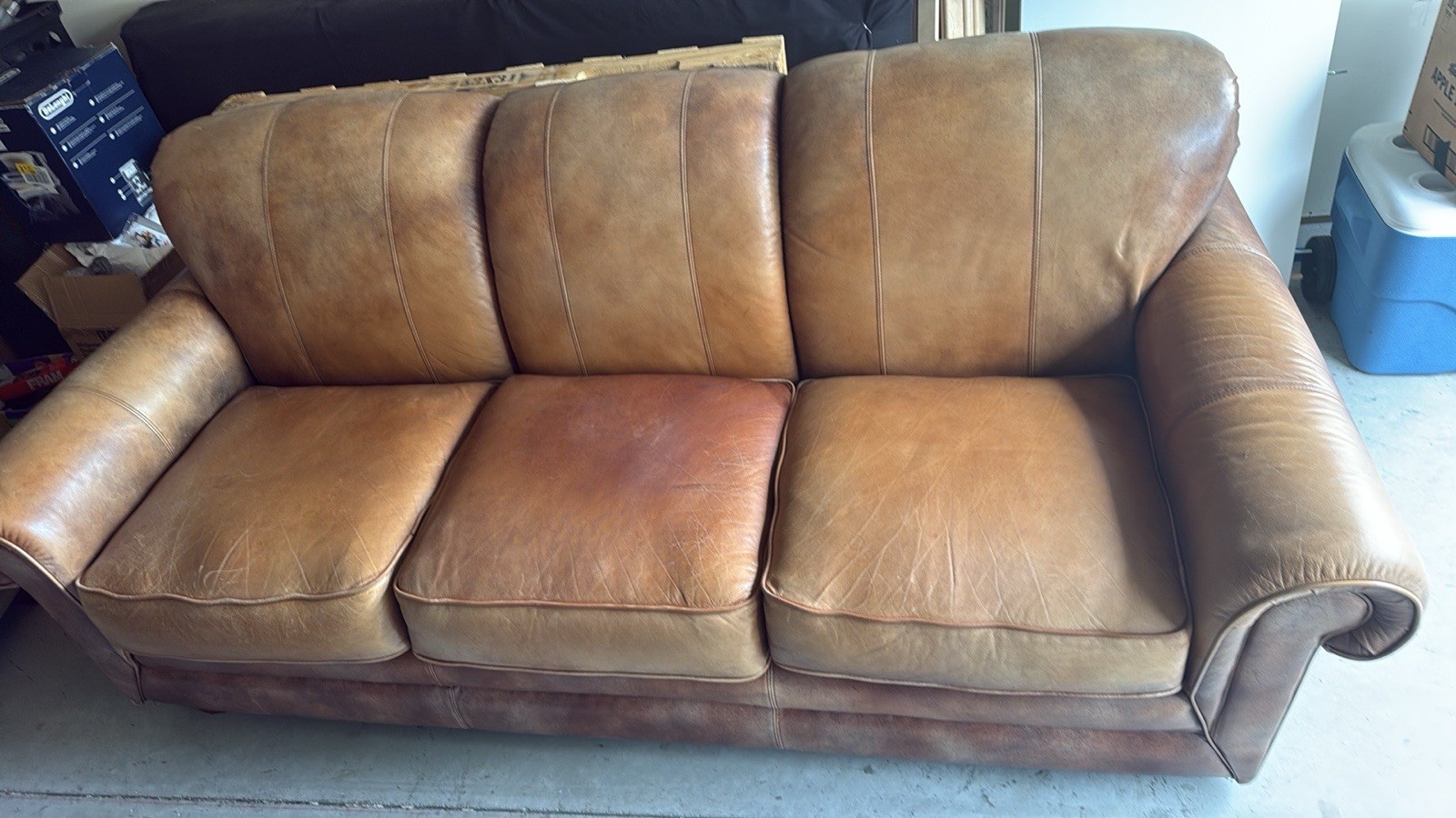 La-Z-Boy Brown Leather 3-Seat Sofa Rolled Arms Cushioned Back