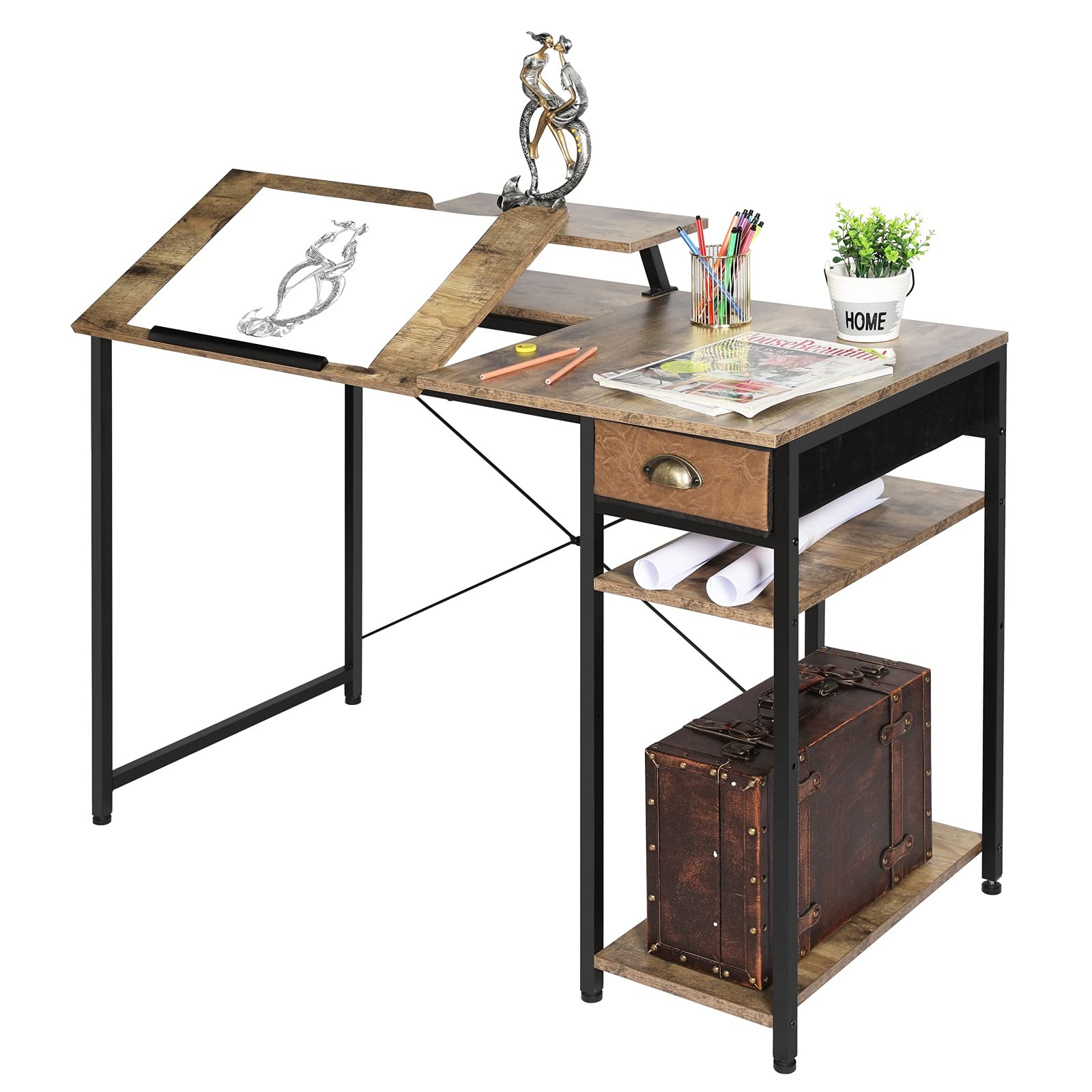 Drafting Table with Storage Shelves & Drawer, 43″ Adjustable Art Desk with Mo…