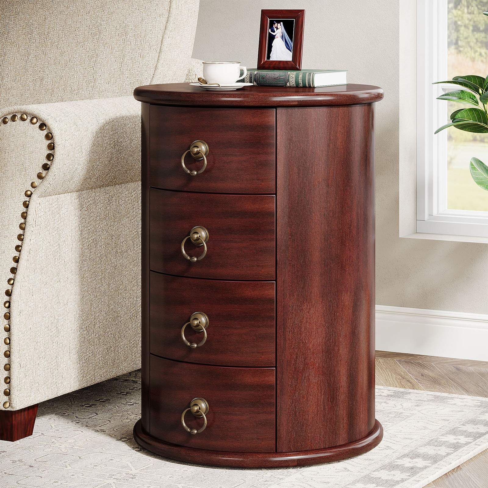 Solid Wood End Table, Round Side Table with 4 Drawers, No Assembly Required