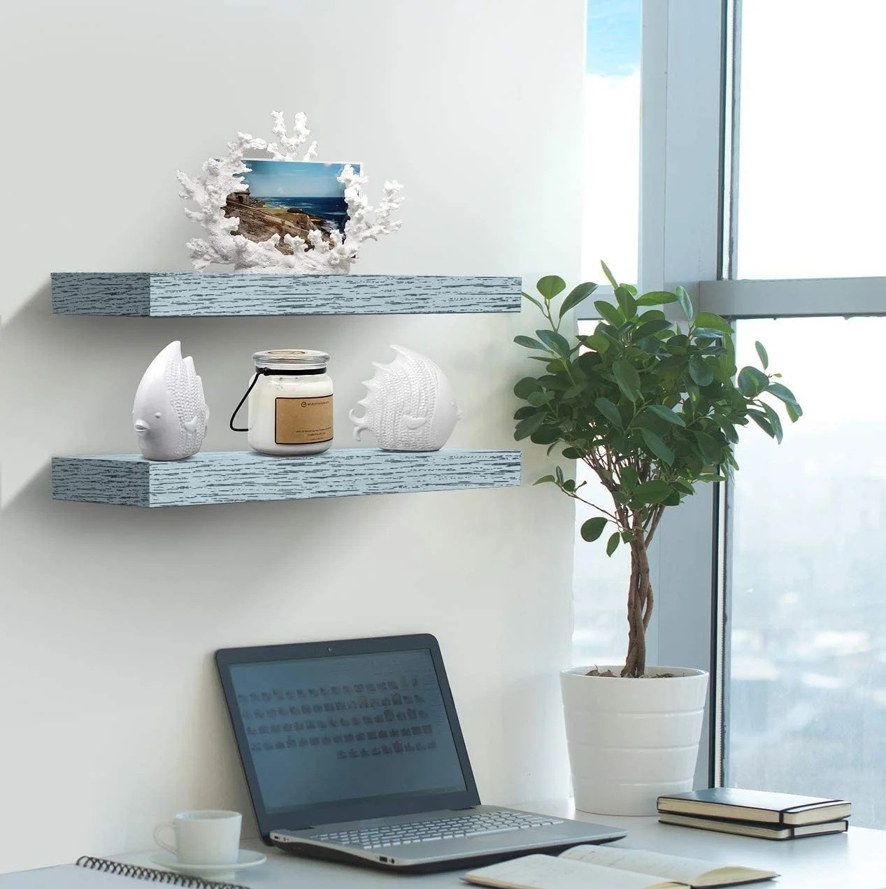 Rustic Wood Grain 16″ FLOATING SHELF w/ Invisible Mounting Blue NEW