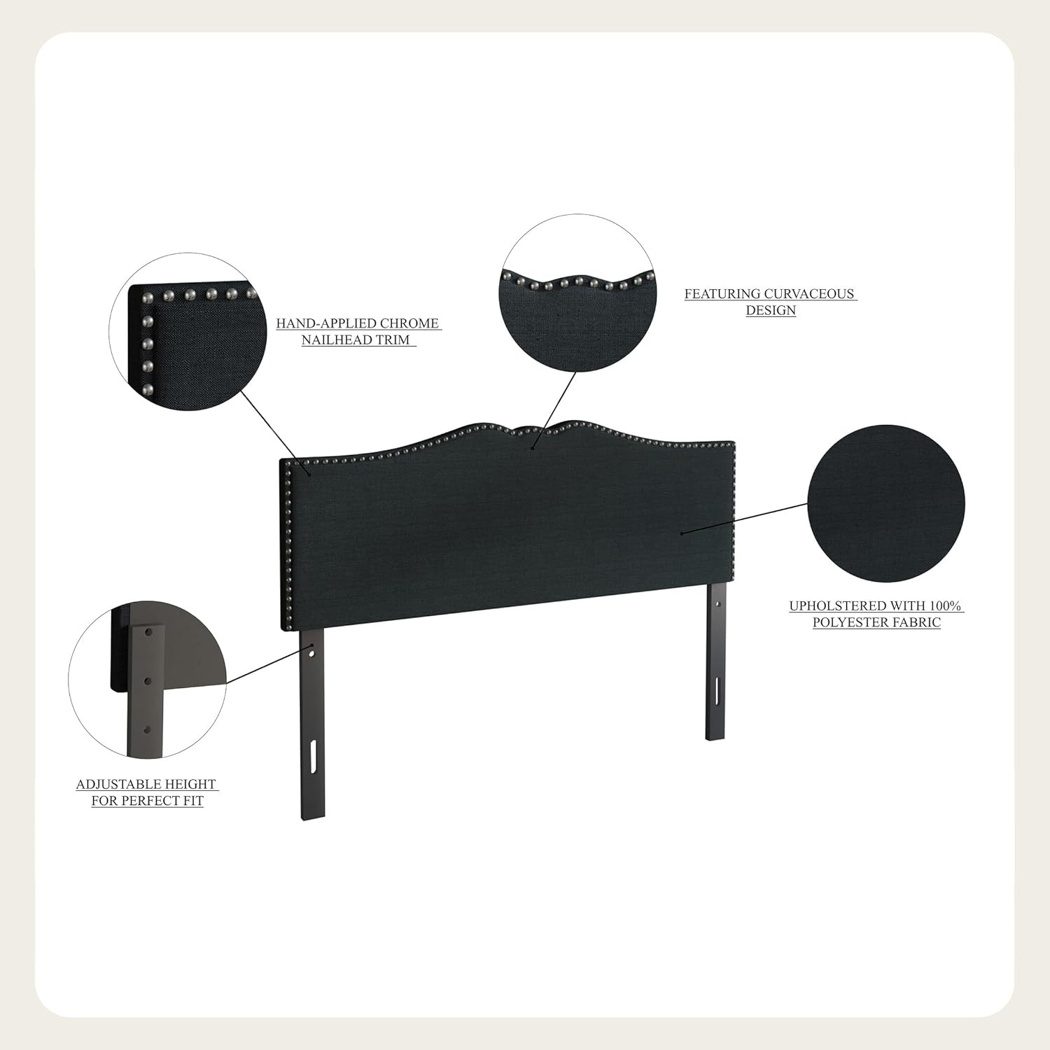 Charcoal Grey Queen Linen Upholstered Headboard with Nailhead Trim