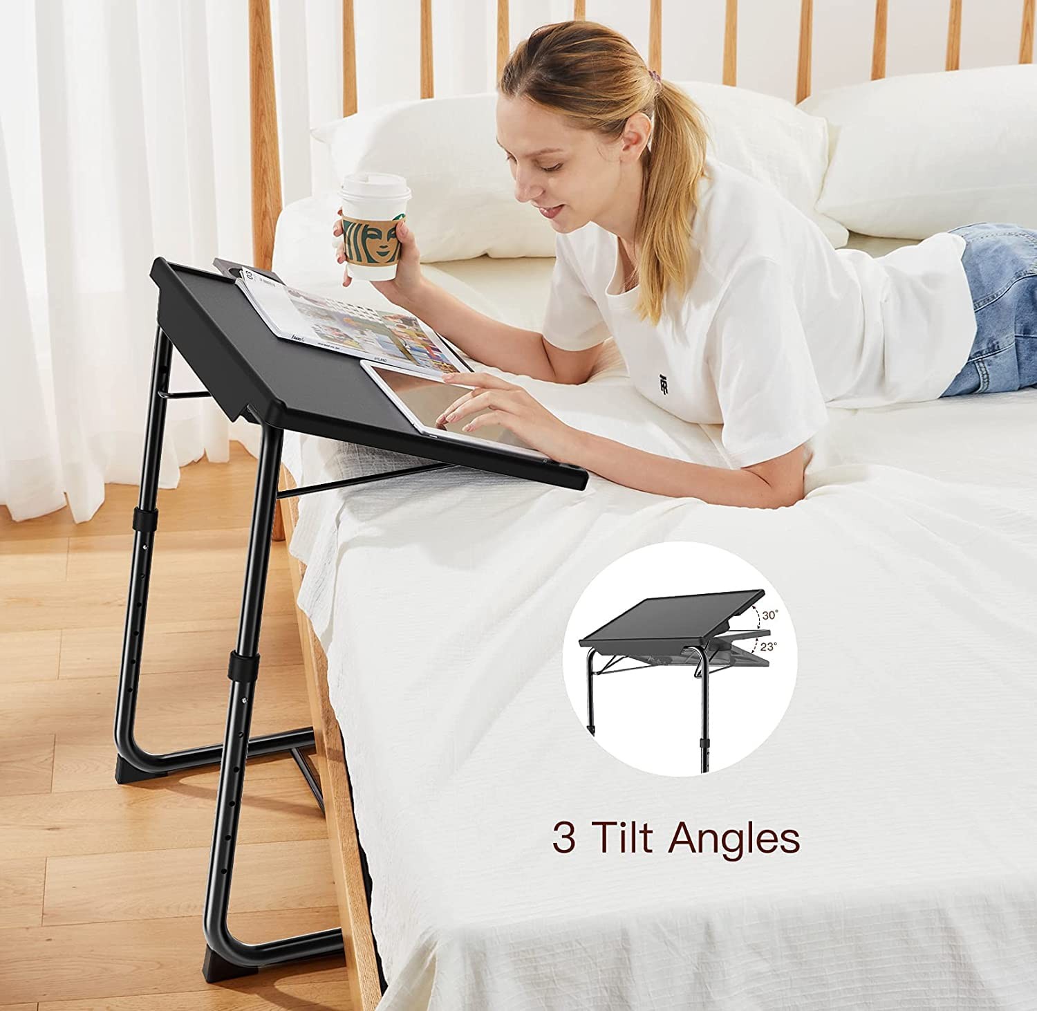Multi Angle Tv Tray Table, 6 Height Settings, Portable Bed Desk, Folding, Black