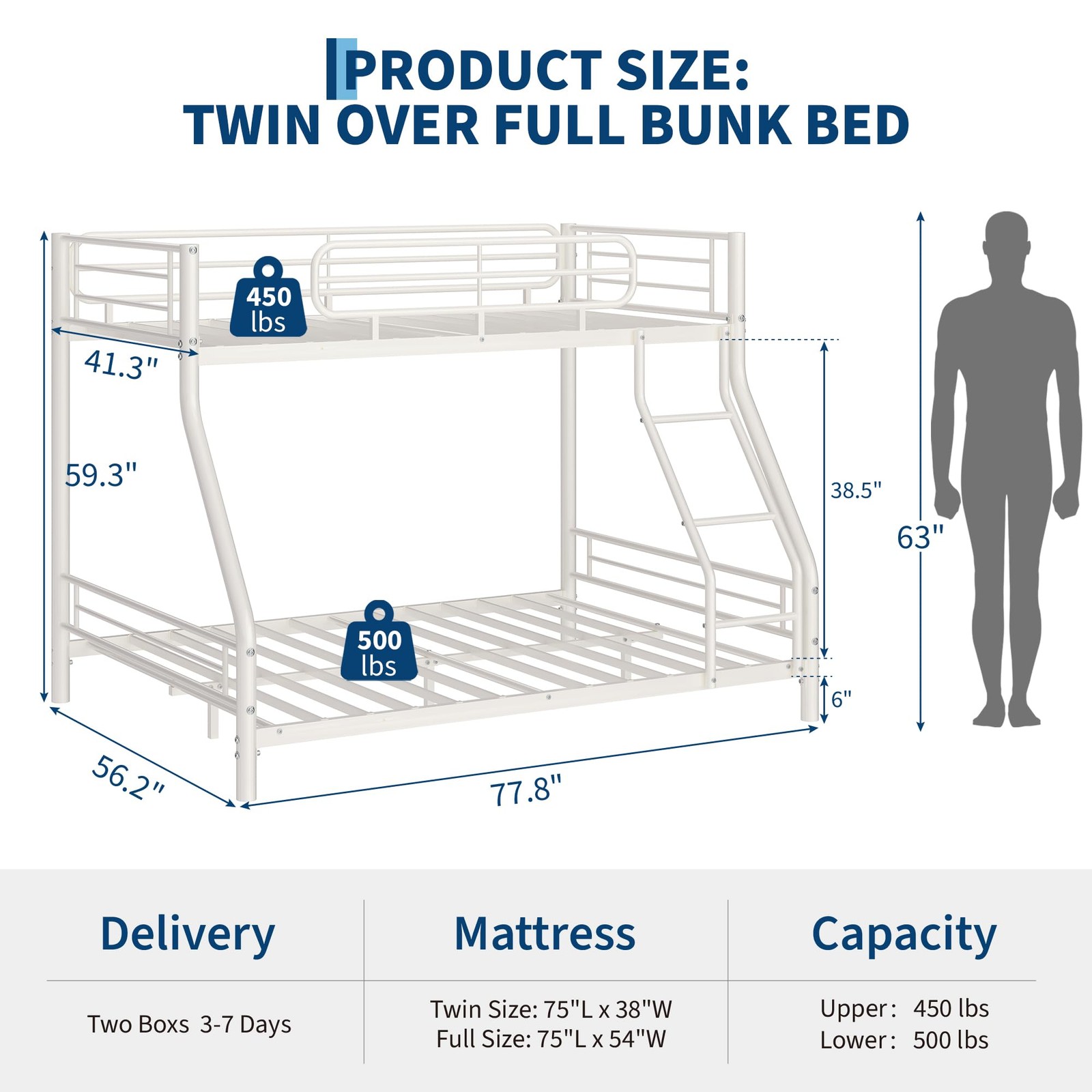 Heavy Duty Twin Over Full Bunk Metal Bed Frame for Kids,Teens & Adult with Ladde