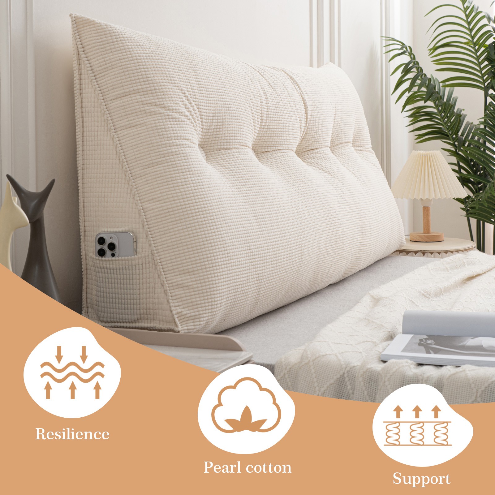 Headboard Pillow for Dorm Bed Overstuffed Backrest Cushion w/Side Pocket 39″-79″