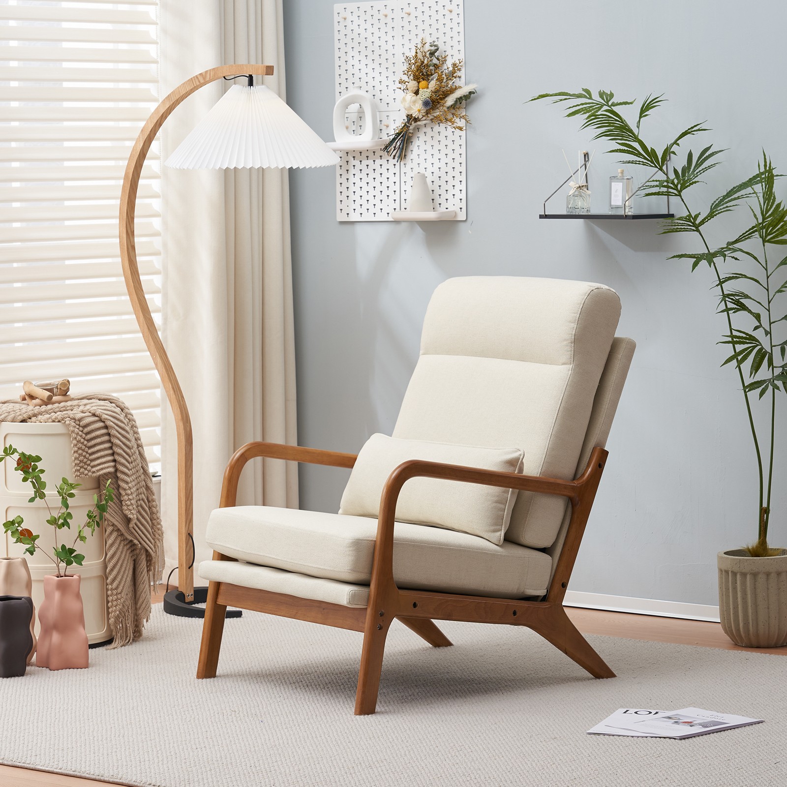 High Back Solid Wood Armrest Backrest Iron Frame Linen Indoor Leisure Chair Off
