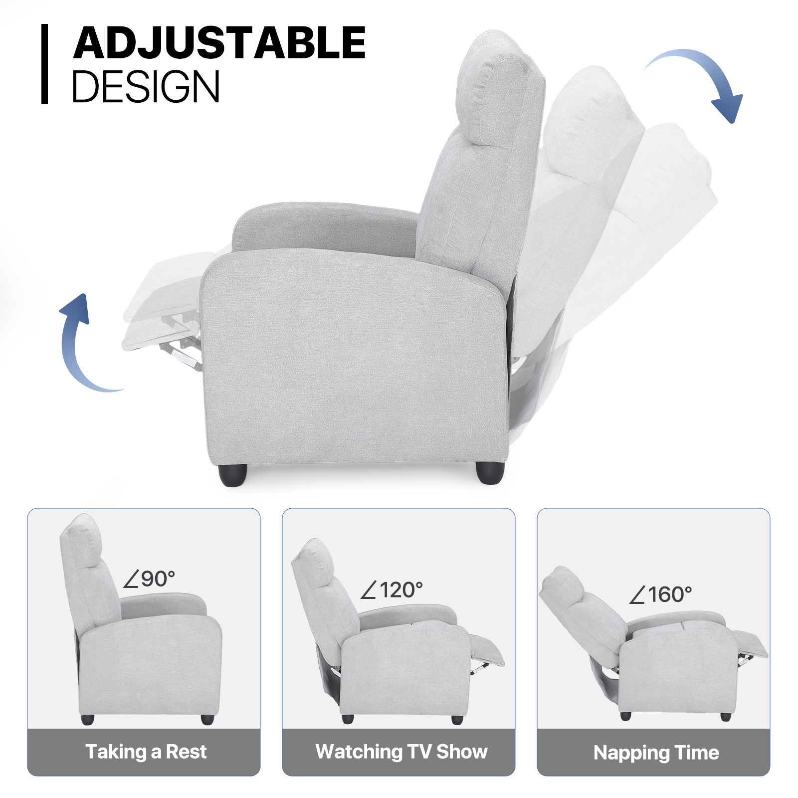 Gray Recliner Chair Lazy Chair Single Modern Sofa Home Living Room Theater Seat