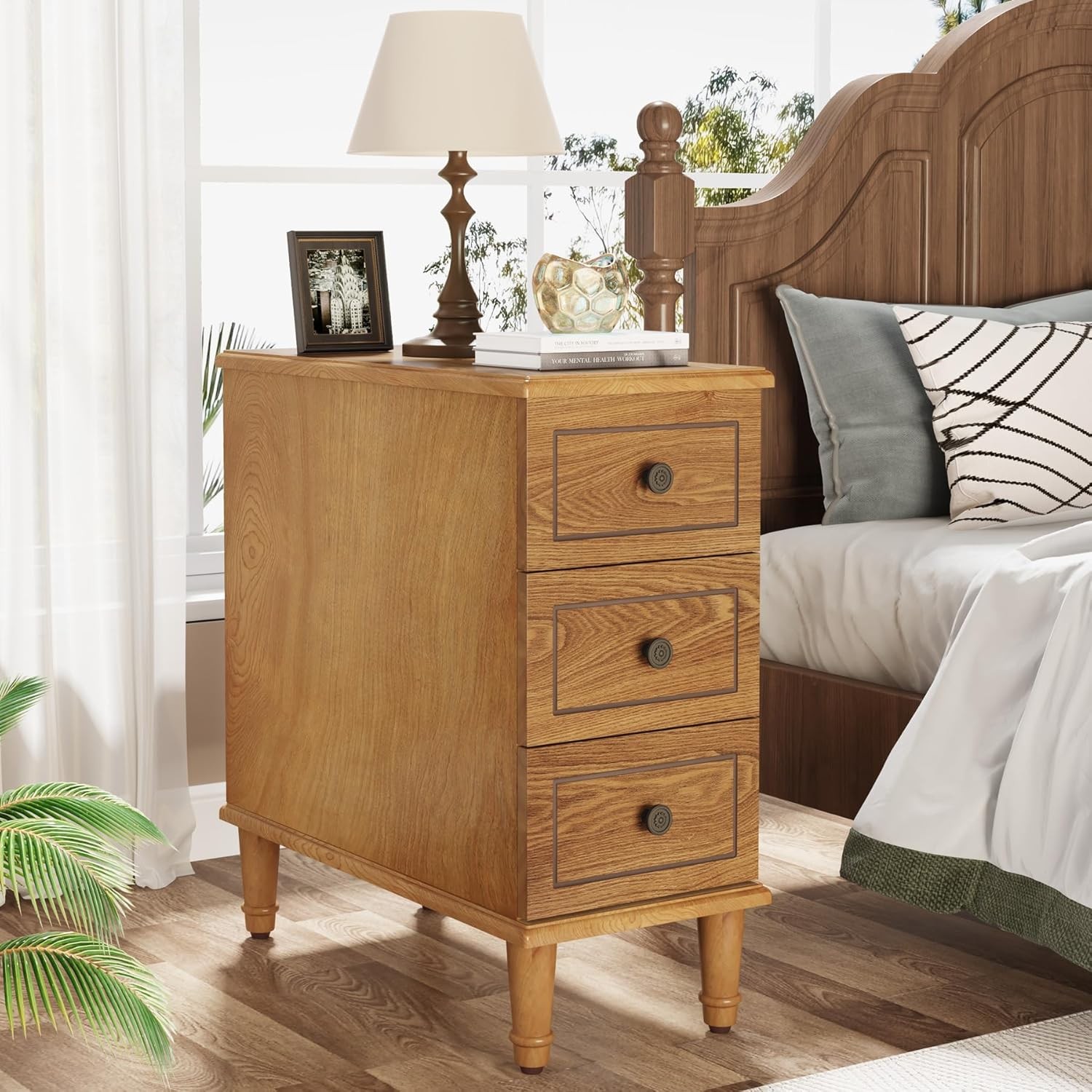 Solid Wood End Table, Fully Assembled Narrow Slim Side Table with 3 Drawers