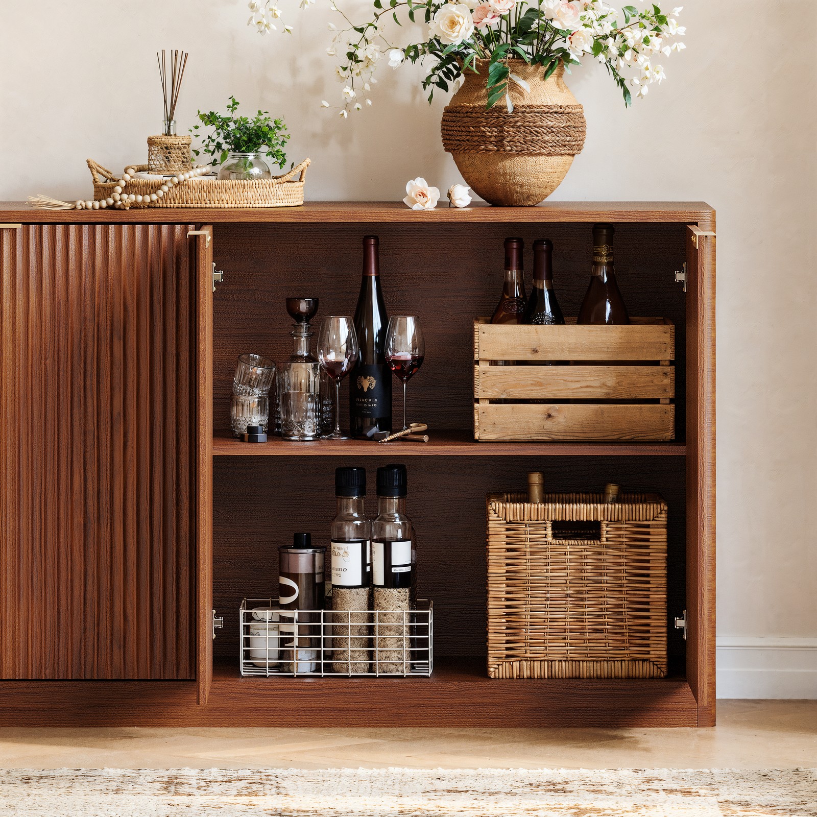 94.5″ Walnut Fluted Credenza with 6 Doors, Sideboard, Media Console
