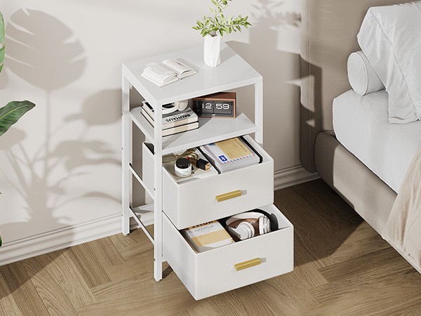 Bedside End Table Particle Board Modern Nightstand With 2 Fabric Drawers For