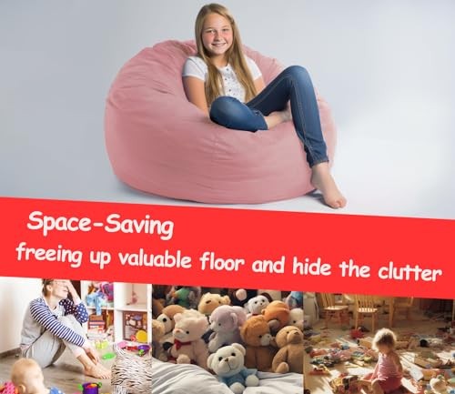 Stuffed Animal Bean Bag Storage Chair Cover for Kids Teens Adults Medium Pink