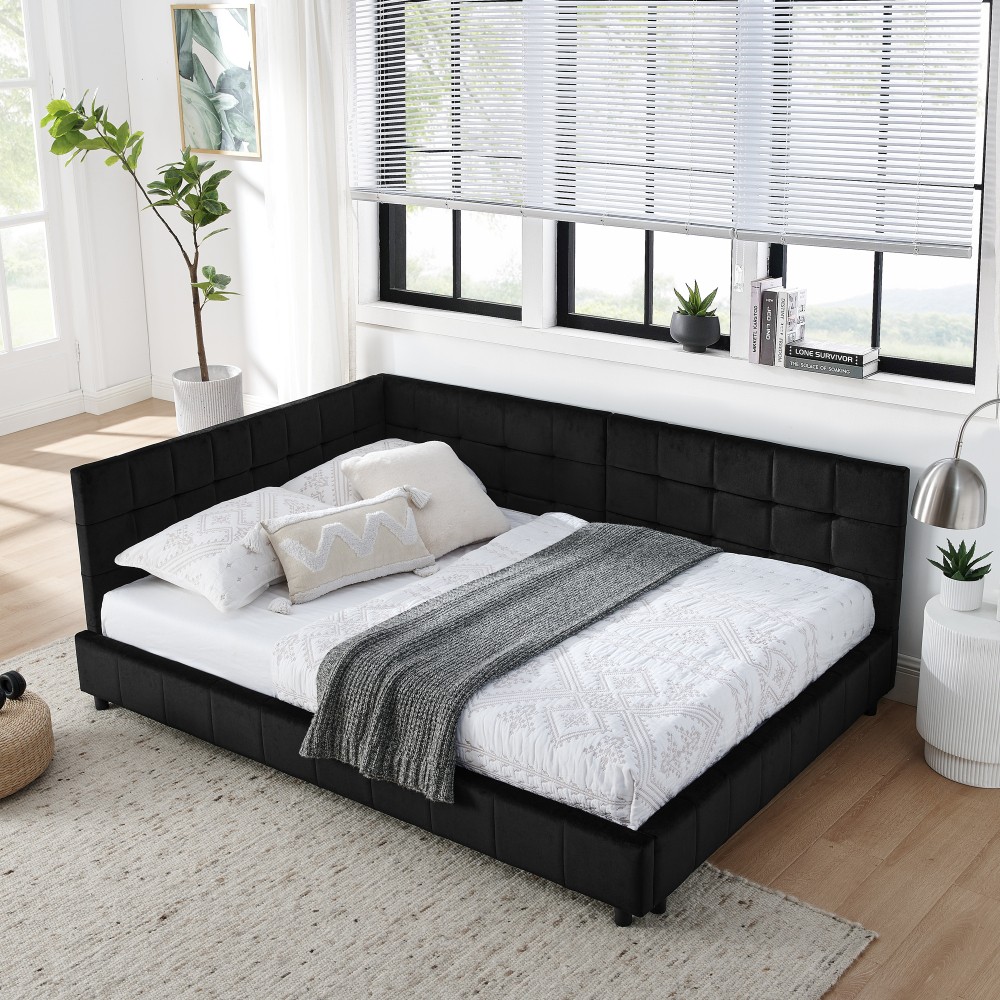 Upholstered Tufted Bed Frame Sofa Bed Frame W Comfortable Backrest and Armrests