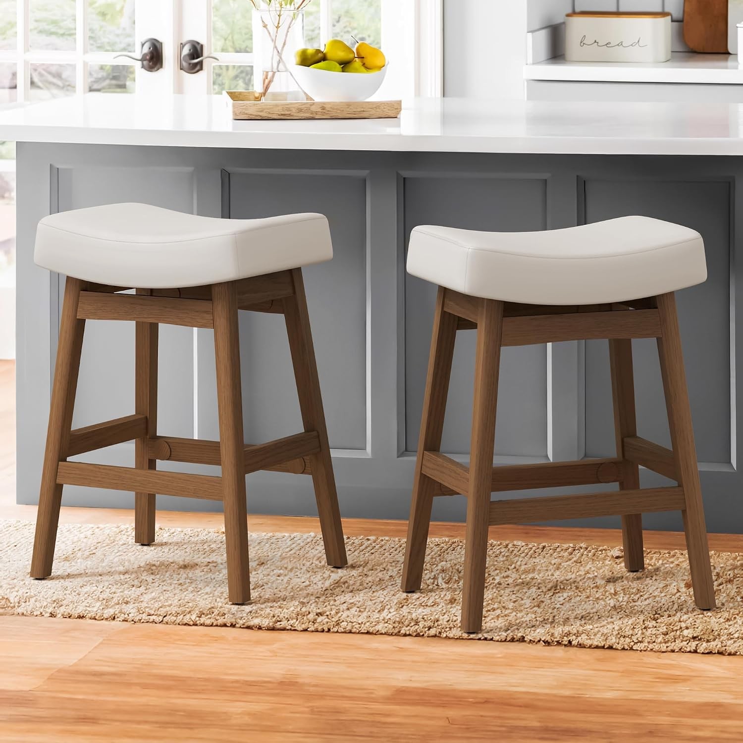 Bar Stools Set of 3 Barstools W/ Sturdy Wood Legs Saddle Seat Counter Height Bar