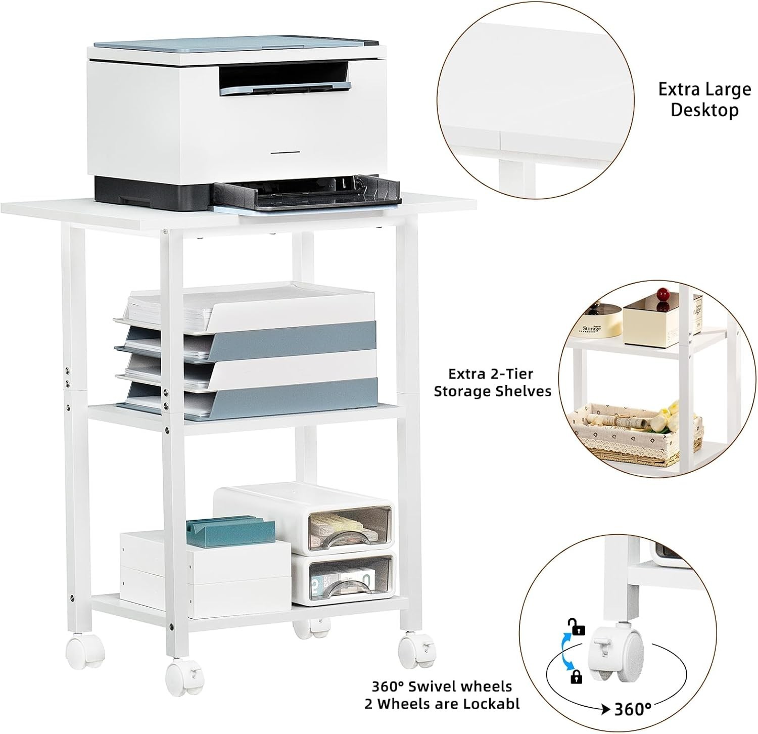 3-Tier Printer Stand, Industrial Mobile Printer Table with Storage Shelf and …