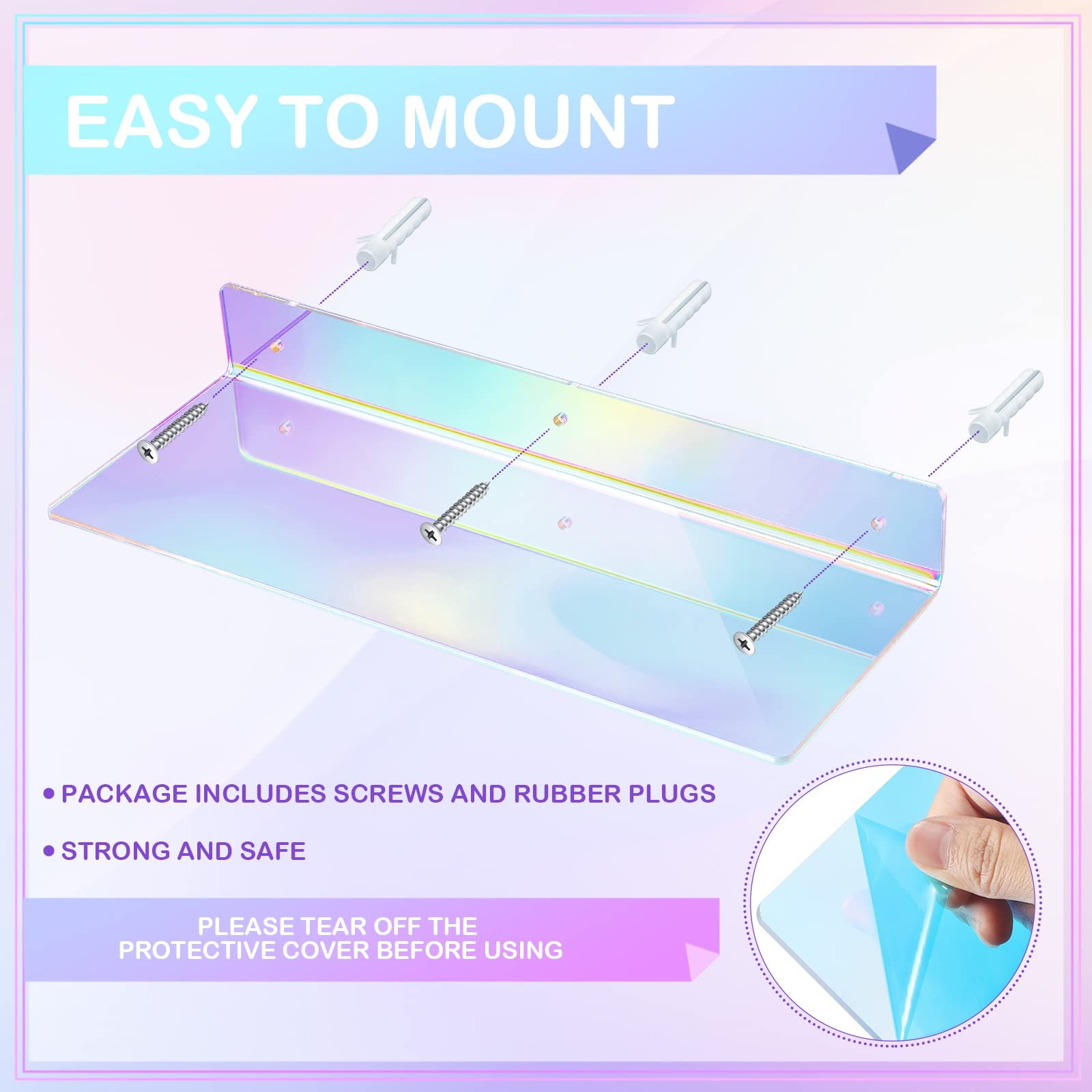 Rainbow Iridescent Acrylic Shelves Floating Wall Ledge Bookshelf Wall Mounted…