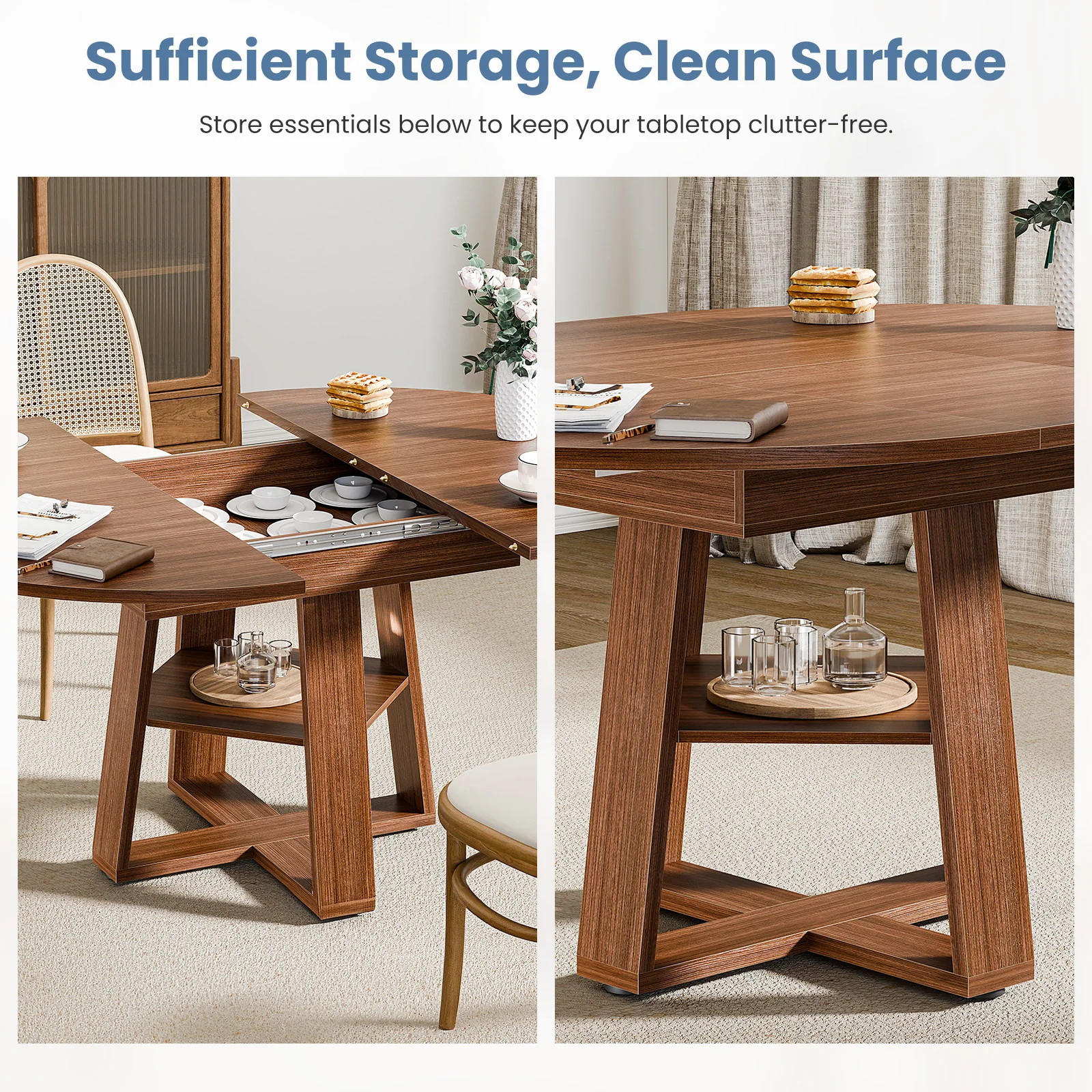 Extendable Wood Round Dining Table Oval Kitchen Storage Shelf Pedestal Base