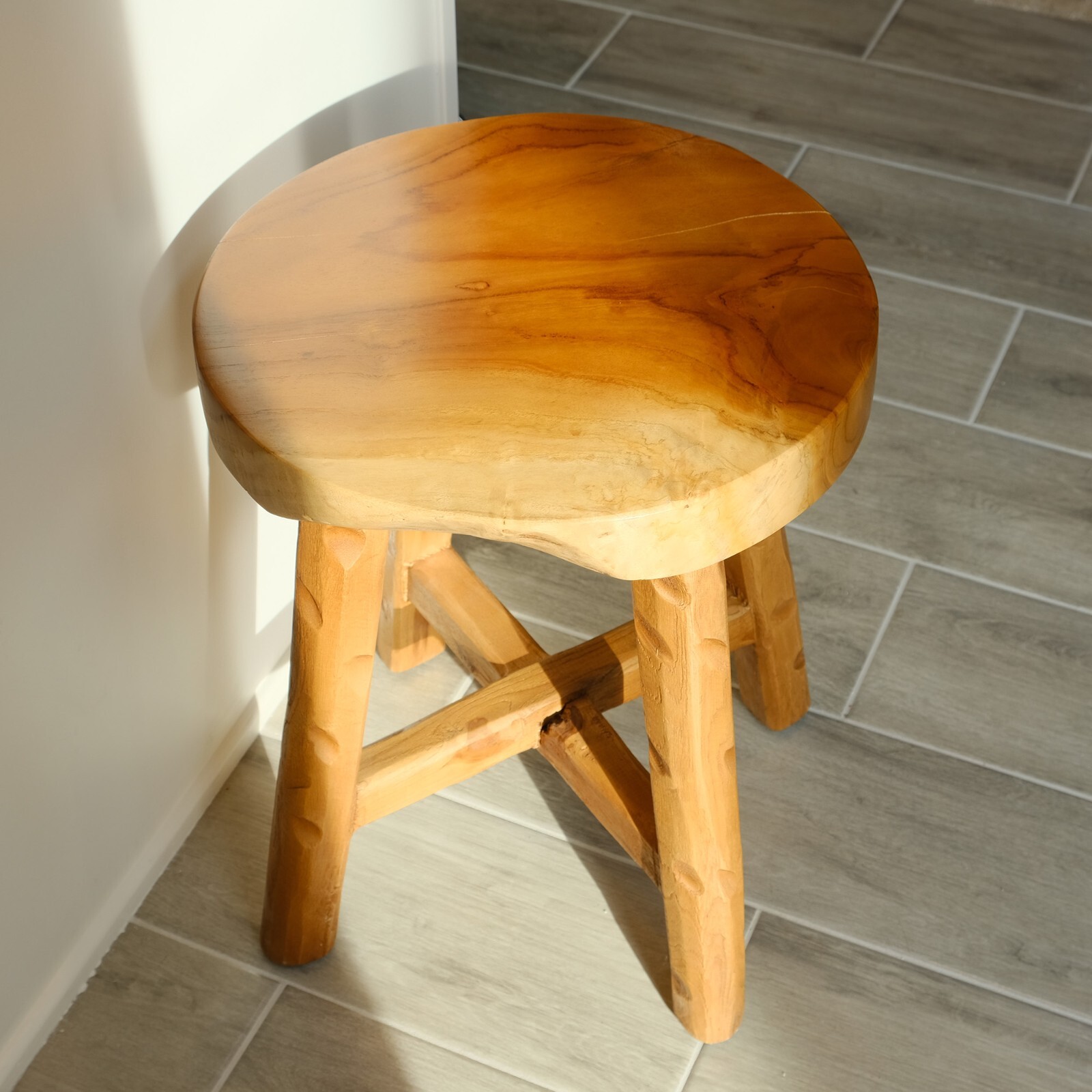 Rustic Teak Solid Wooden Stool Natural Round Side Table Bedside Table 19.5″ H