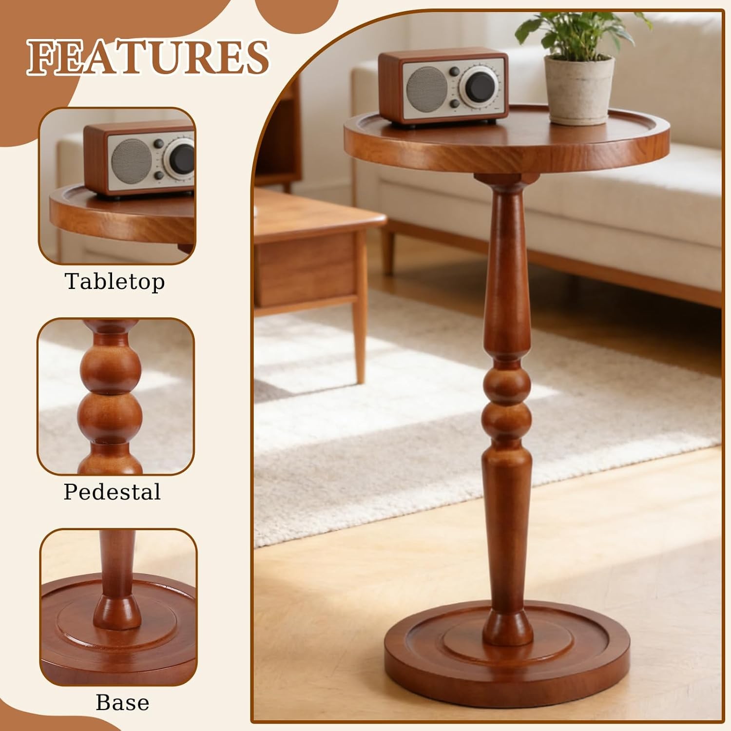 Small Side Table for Spaces, Rustic Circle End Small, Warm Brown