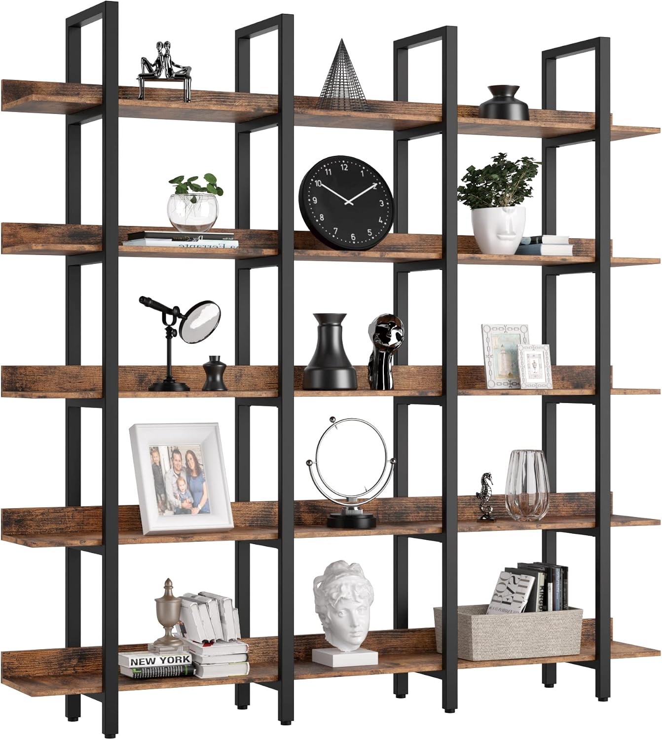 Book Shelf Triple Wide Bookshelves 5 Tiers W/ Back Fence Large Open Shelves