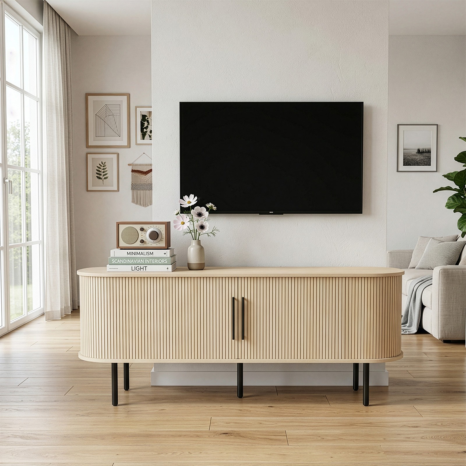 58″ Modern Oak TV Stand Oval Fluted Media Console Slatted Sliding Doors 65in TV