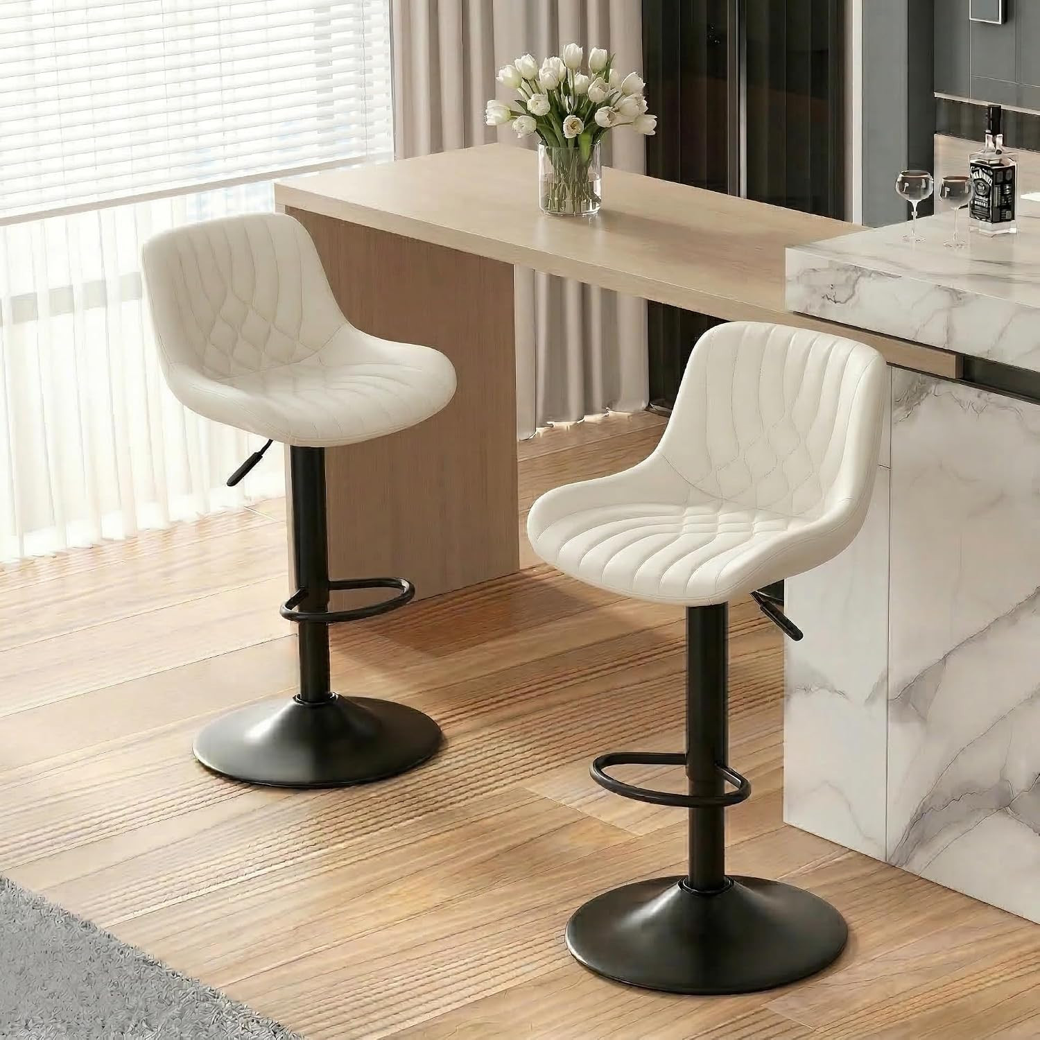 Bar Stools Set of 2, Swivel Adjustable Barstools with Backs, Beige | Modern Faux