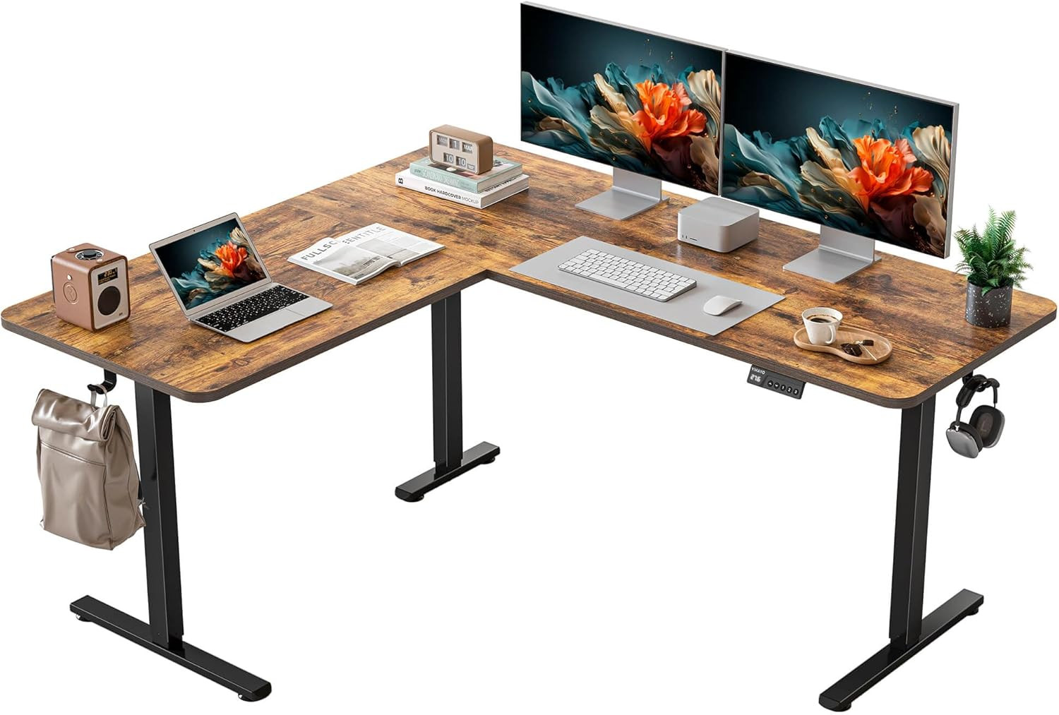 Rustic Brown Adjustable L-Shaped Electric Standing Desk, 63″x55