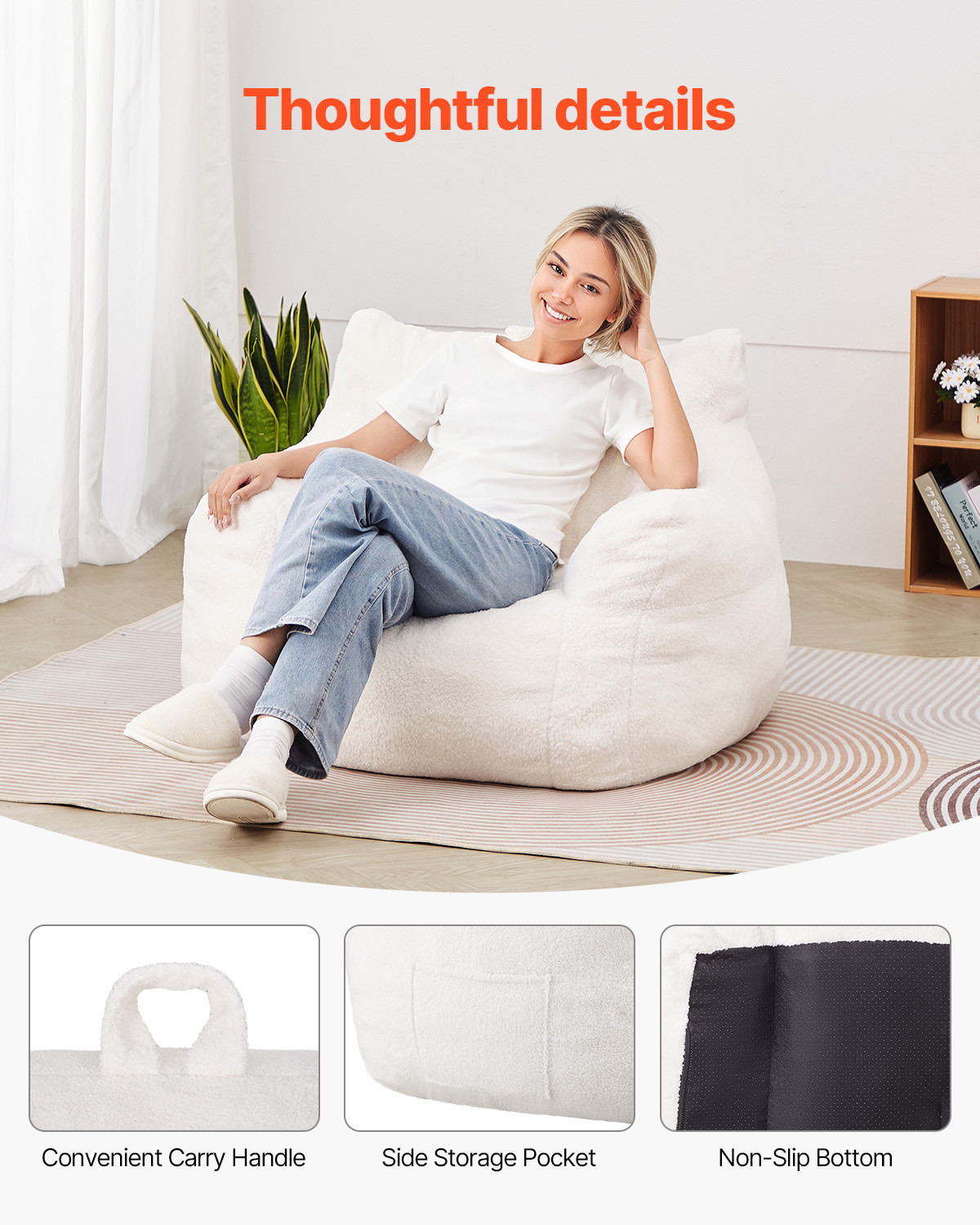 3 feet Bean Bag Chair with Soft Armrests and Storage Pocket Gaming Sofa White