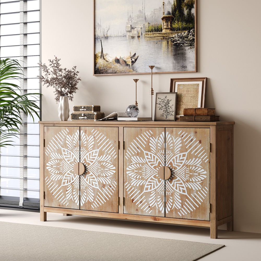 60″ Wood Accent Cabinet, 4 Doors, Brown/Antique White, Buffet Media Console