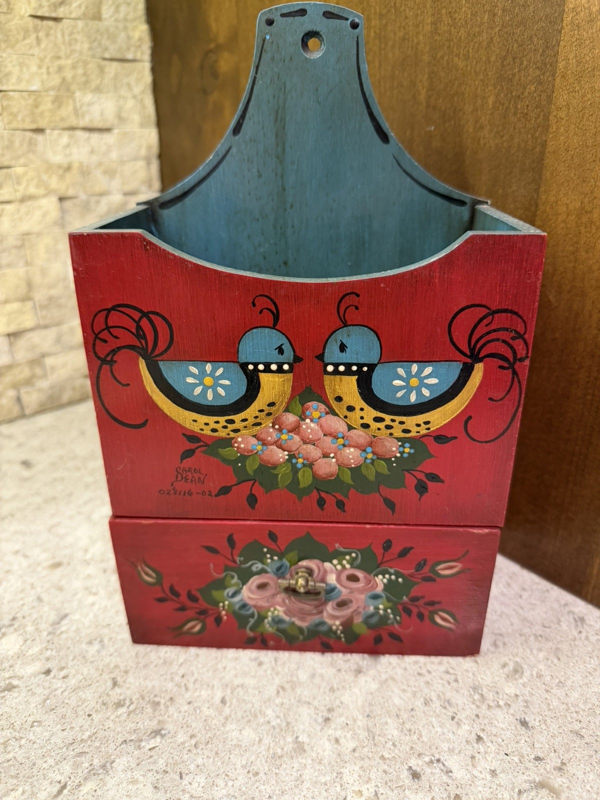 02’ Carol Dean signed/numbered Hand Painted bird Wood Shelf with Drawer Folk Art