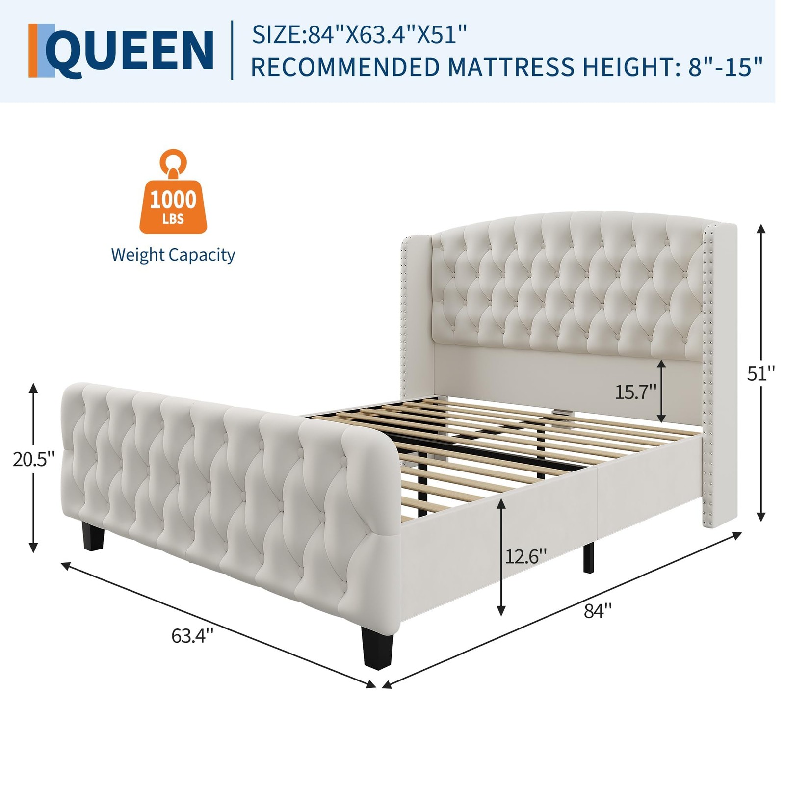 51″ Tall Queen King Velvet Upholstered Platform Bed Frame w/ Wingback Headboard