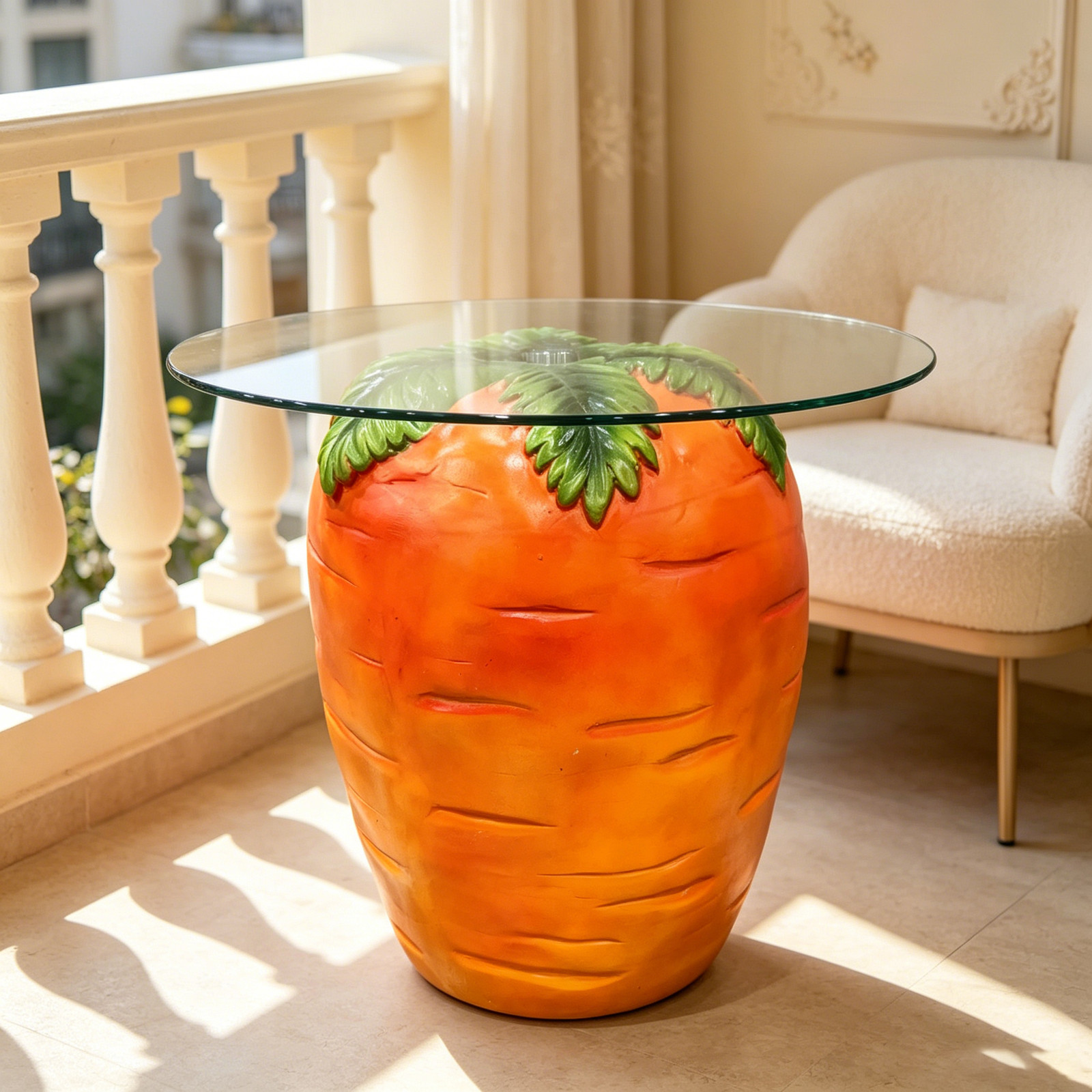 Carrot Shaped Side Table,16” Resin Fruit Stool with Glass Top,Novelty End Table