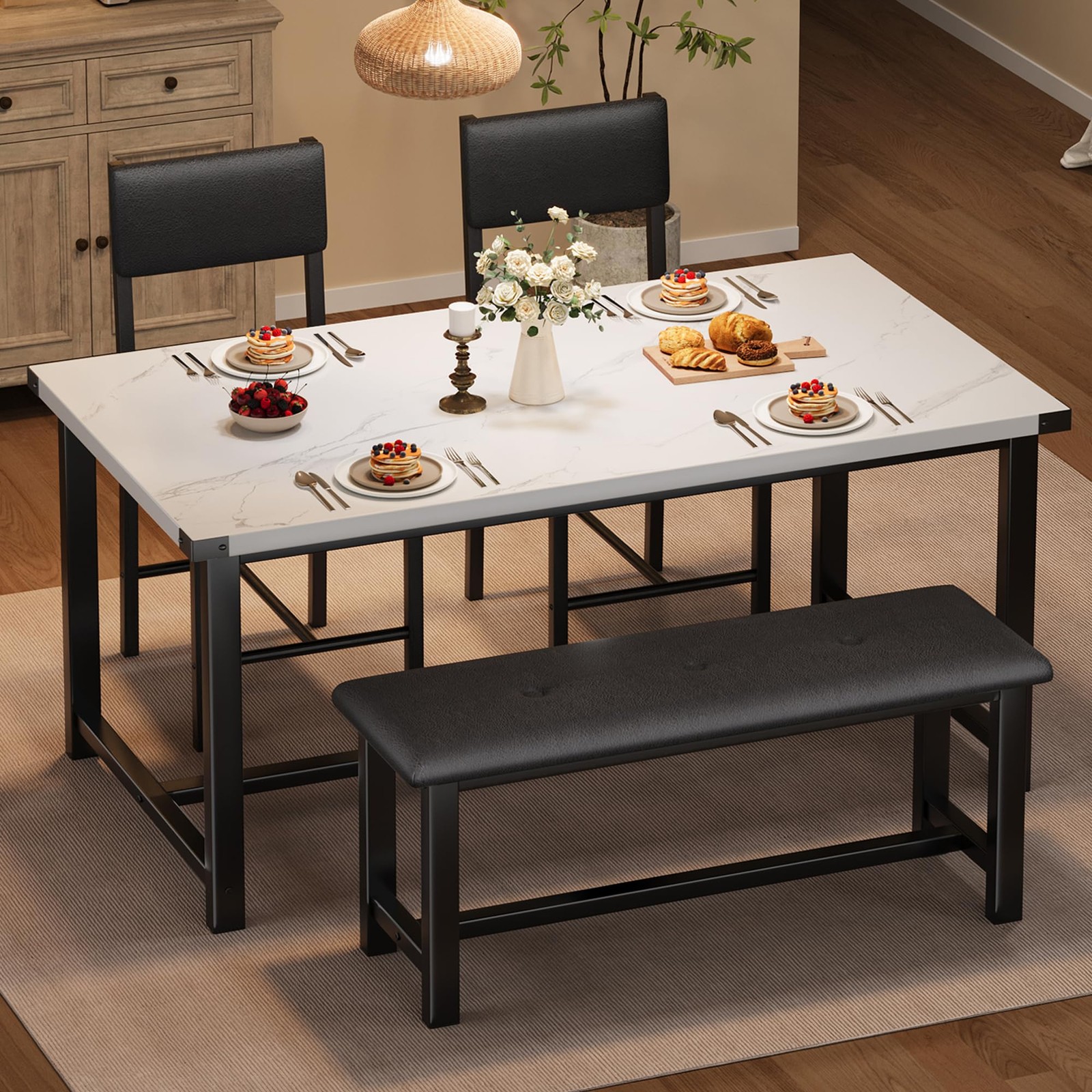 4-Piece Dining Table Set with Upholstered Bench & 2 Chairs ,Modern Kitchen Table