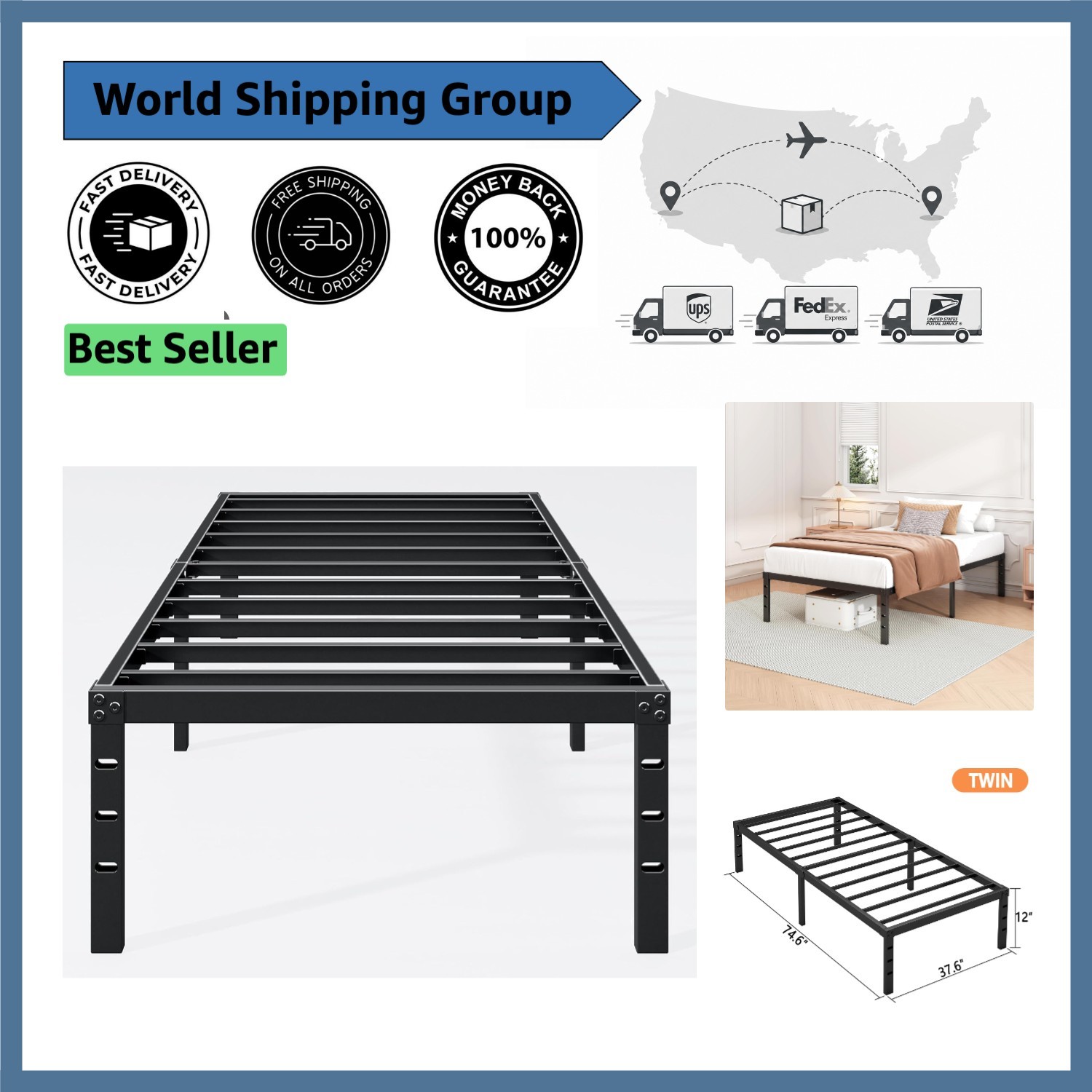 Twin Size 12-Inch Metal Bed Frame – Squeak Resistant, Under-Bed Storage Included