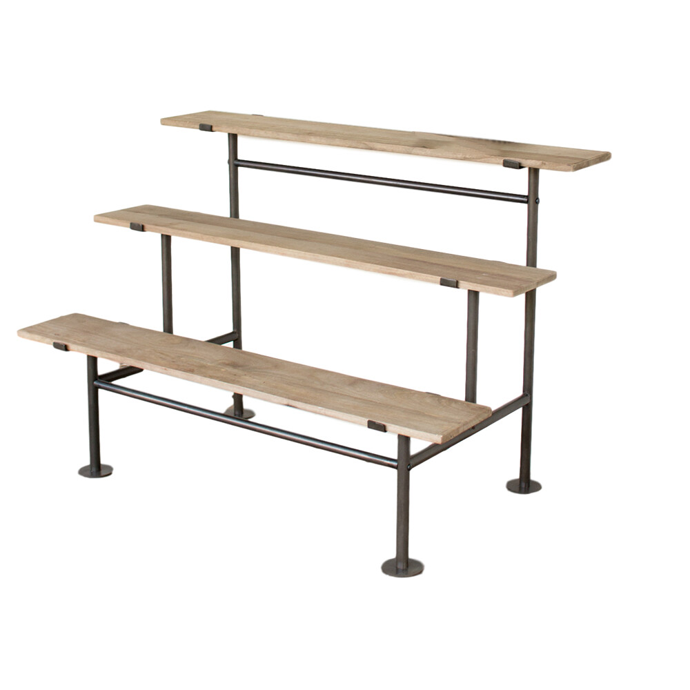 Modern Three Tiered Wood Shelves Bleachers Style Metal Display Unit Industrial