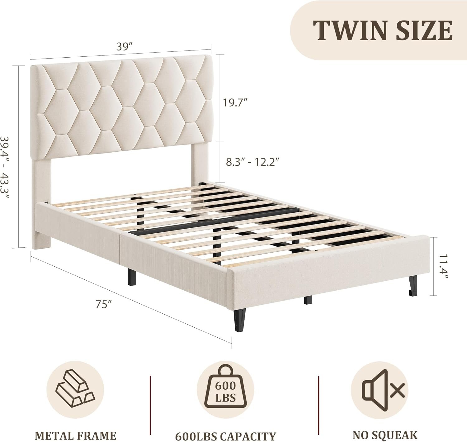 Twin/Full/Queen Size Bed Frame Platform with Upholstered Headboard & Wooden Slat