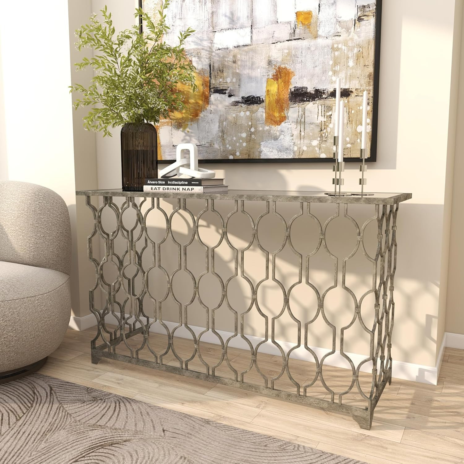 Stylish Silver Metal Geometric Console Table with Mirrored Glass Top, 55