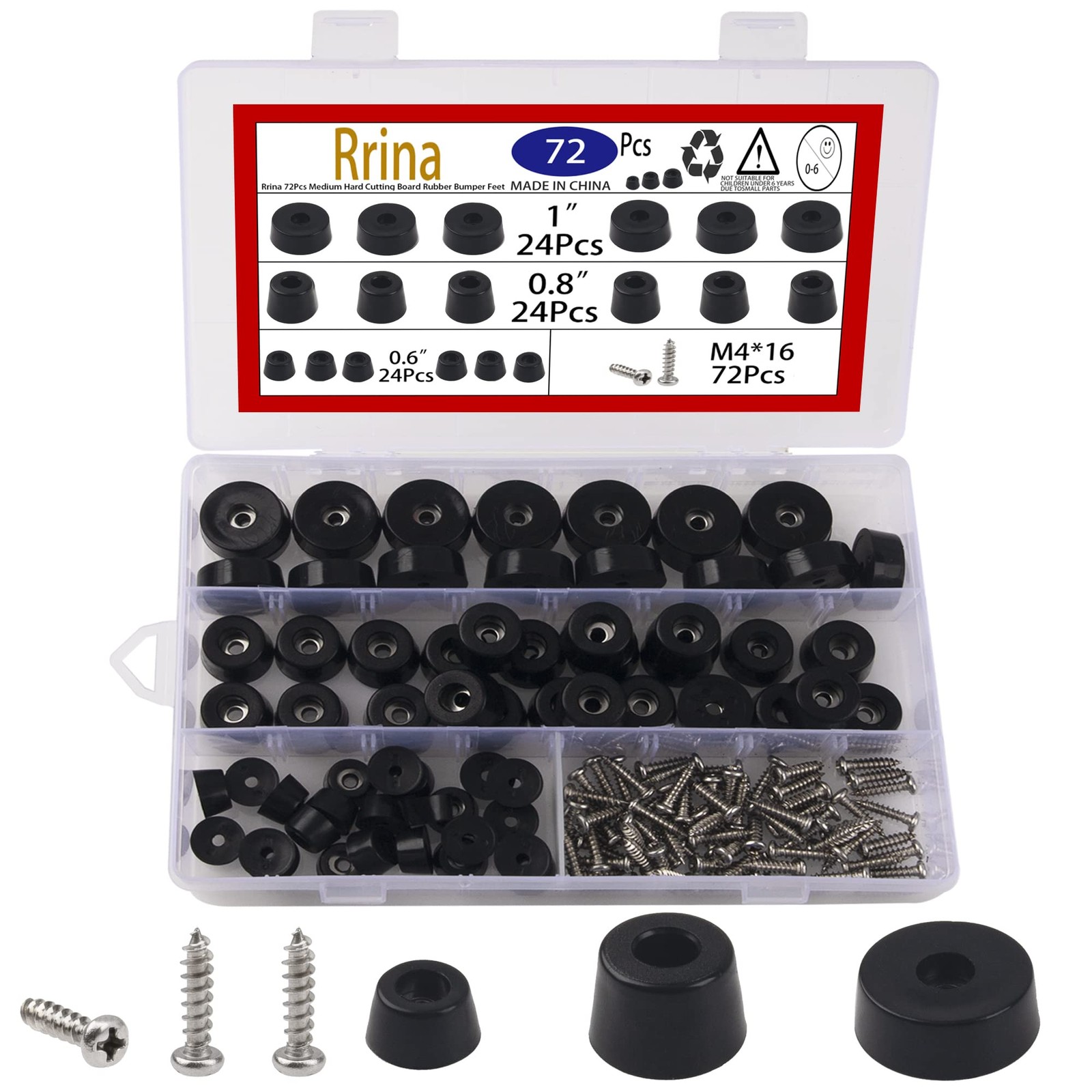 72Pcs Medium Hard Cutting Board Rubber Bumper Feet with Stainless Washer Screws