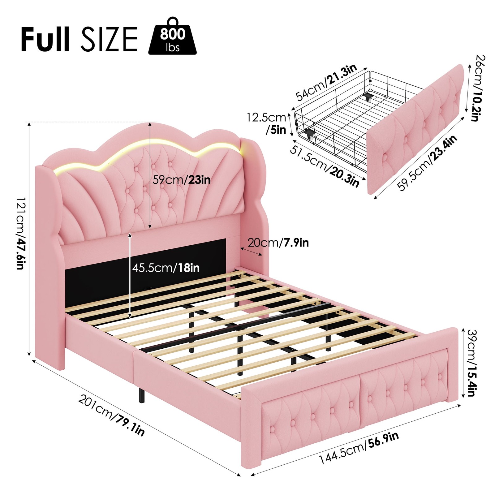 Full/Queen Bed Frame with 2 Storage Drawers and LED Lights Pink