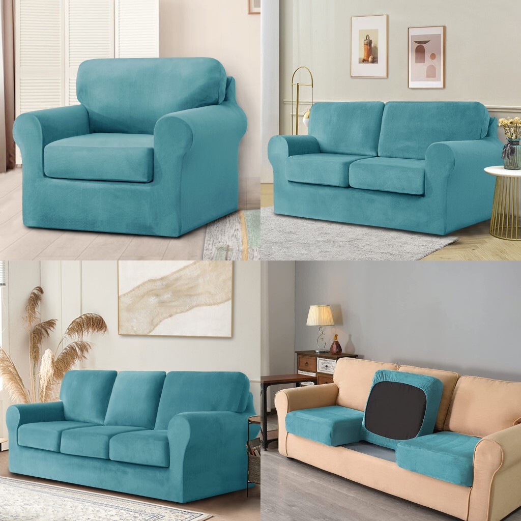 Stretch Sofa Cover Soft Velvet Chair Loveseat Couch Slipcover with Cushion Cover