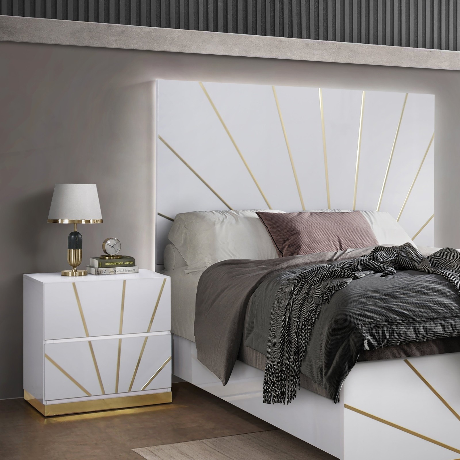 NEW 5PC Modern Italian LED Queen King Gloss White Gold Bedroom Set Bed/D/M/N/C