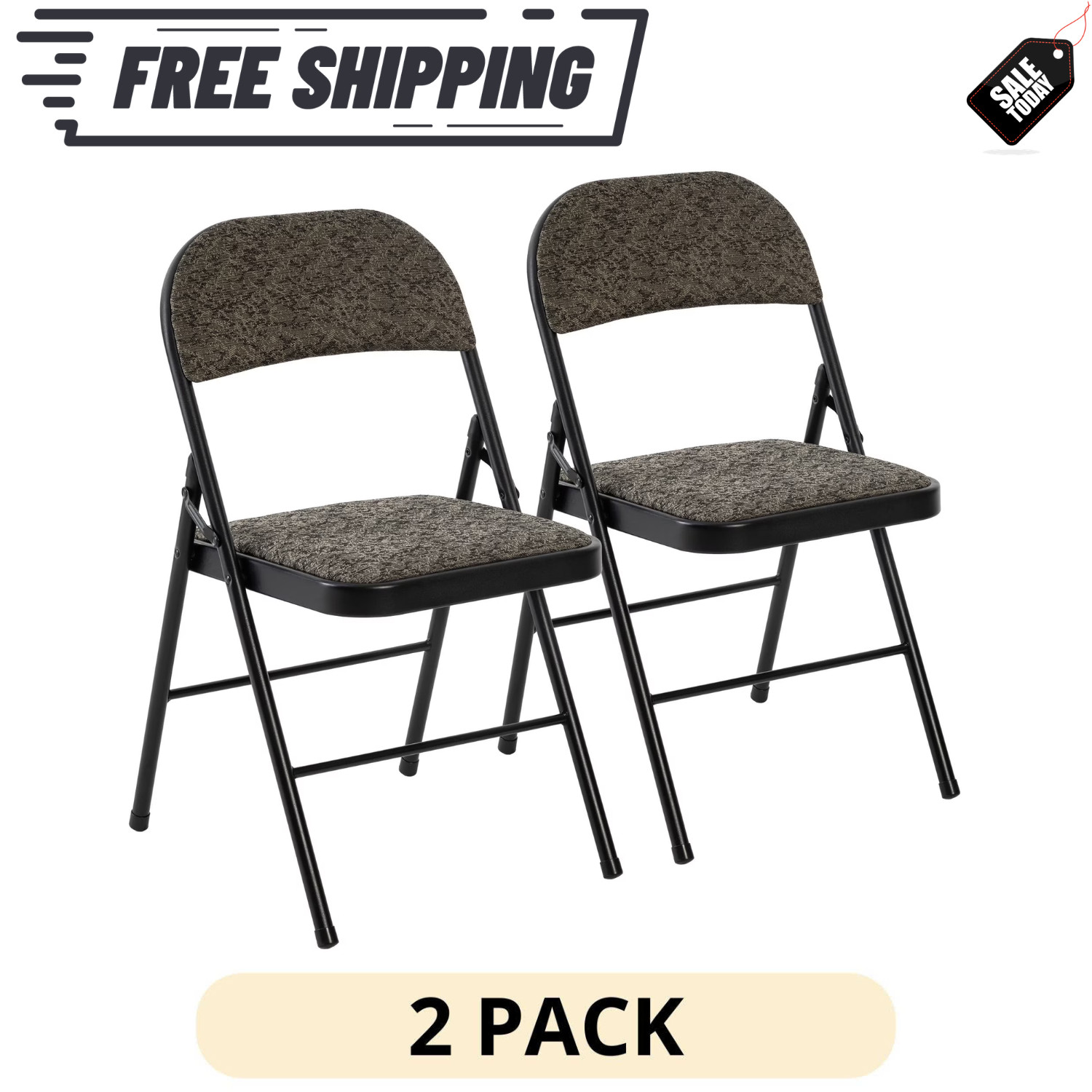 2 Pack EDX Folding Chairs Padded Cushion Steel Frame Stackable Black Grey