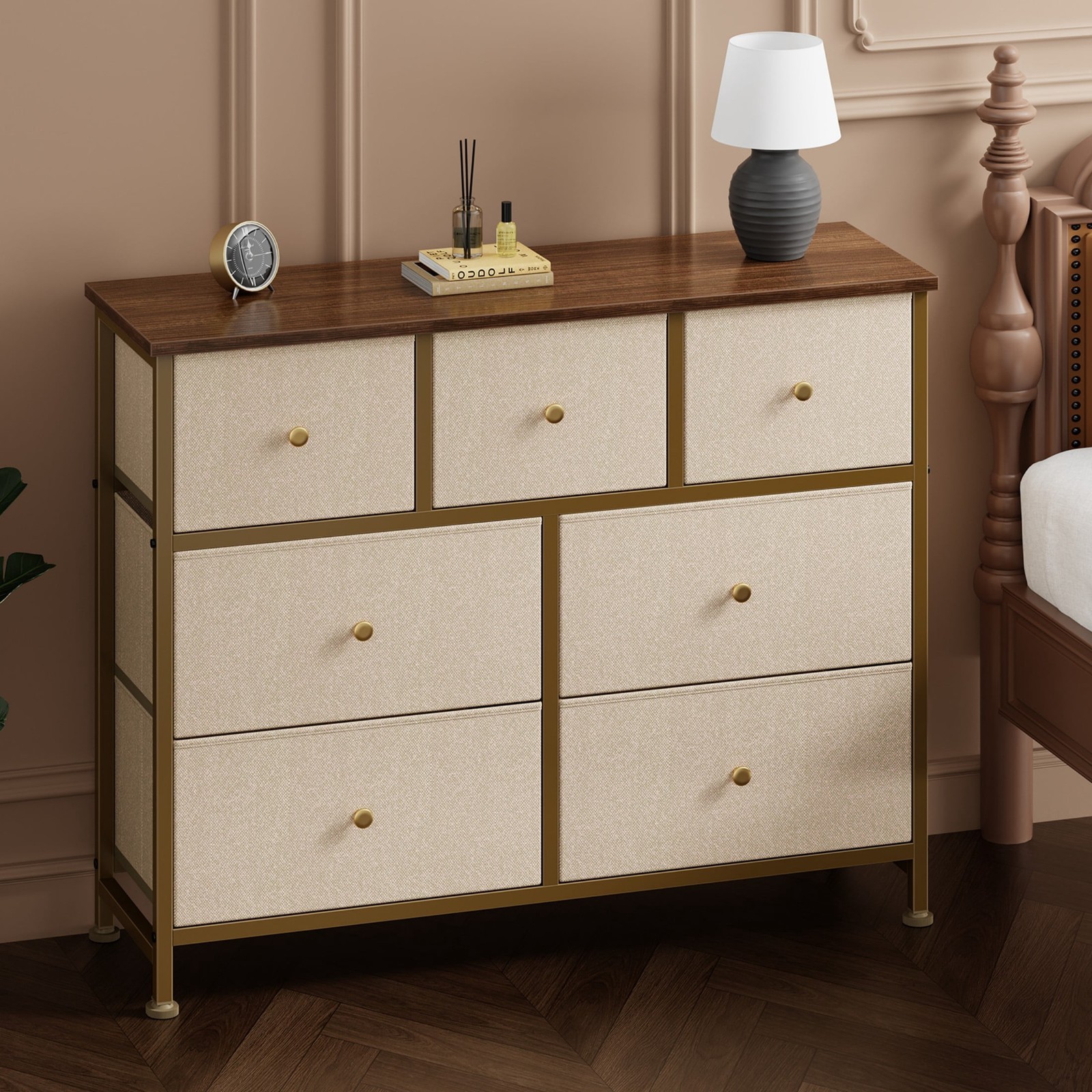 Khaki 7 Fabric Drawers Dresser for Bedroom Livingroom Storage Organizer Tower